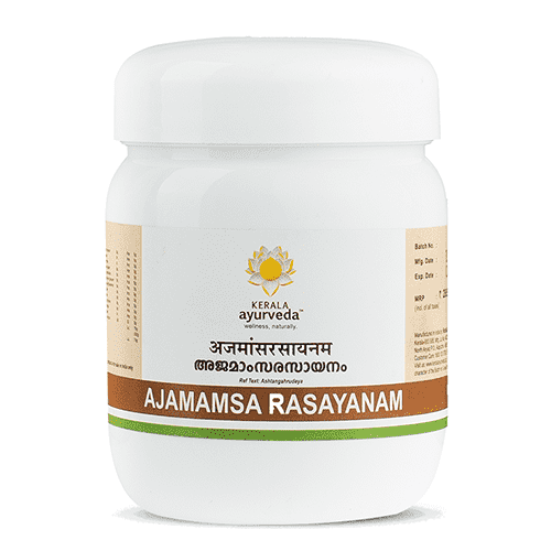  Front view of the Kerala Ayurveda Ajamamsa Rasayanam jar, displaying the product name in English and Malayalam, with the Kerala Ayurveda logo. – Kerala Ayurveda India