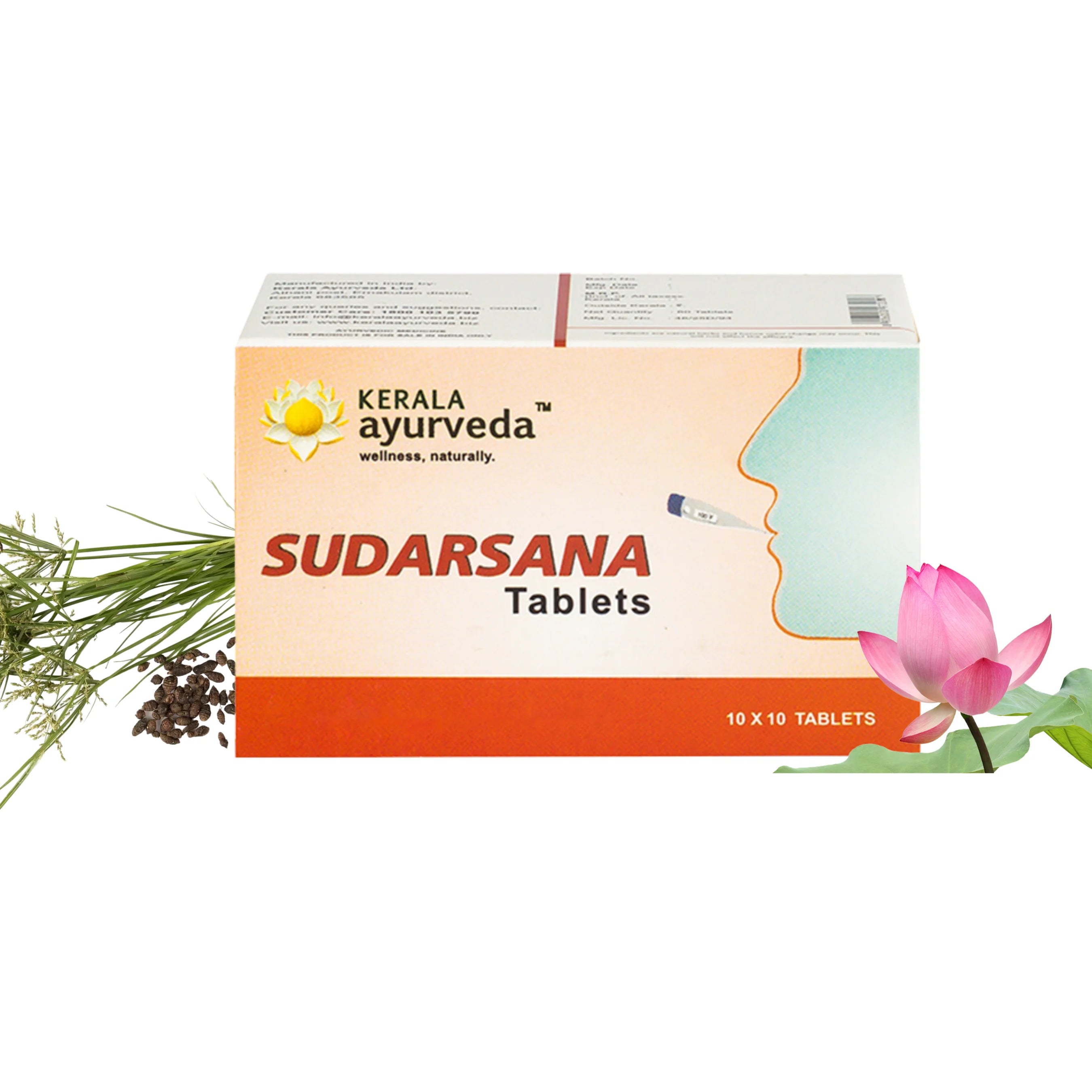 Hero pack shot of Sudarsana Tablets flanked by sprigs of Musta and a pink lotus, visually linking the immunity booster tablet to its cooling, tridosha-balancing plant sources – Kerala Ayurveda India