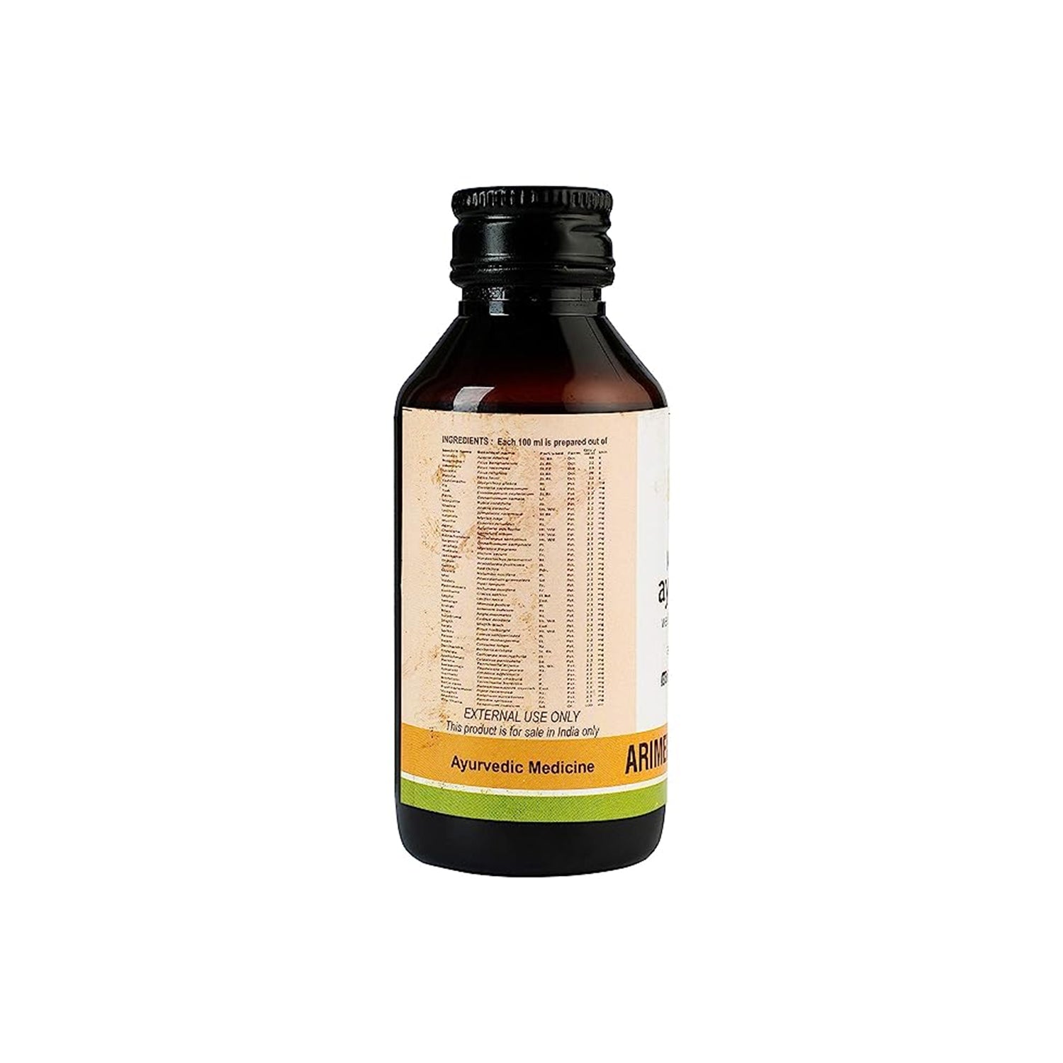 Side view of the dark brown glass bottle of Kerala Ayurveda Arimedadi Thailam, showing a detailed list of ingredients prepared per 100 ml for external use, including Sanskrit and botanical names. – Kerala Ayurveda India

