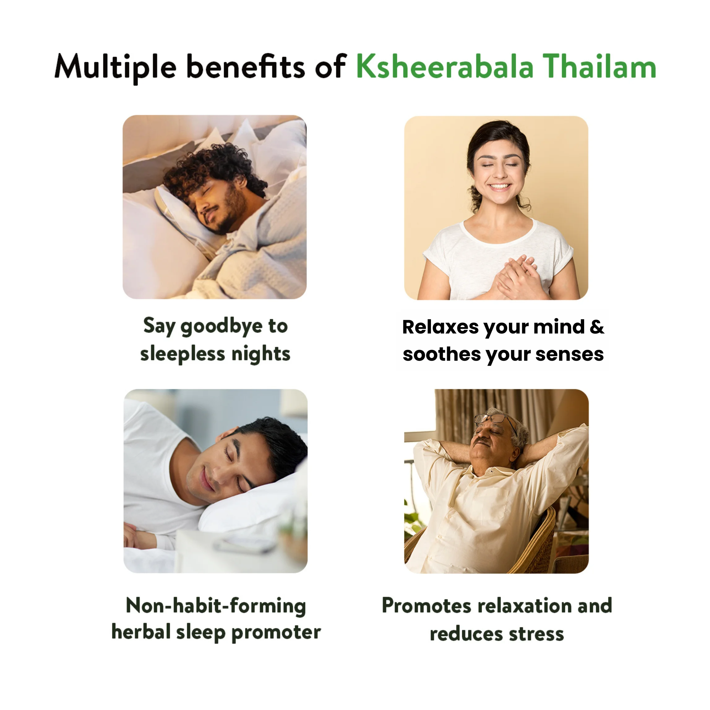 Banner titled "Multiple benefits of Ksheerabala Thailam," illustrating how it helps with sleepless nights, relaxes the mind, acts as a non-habit-forming sleep promoter, and promotes relaxation while reducing stress. – Kerala Ayurveda India