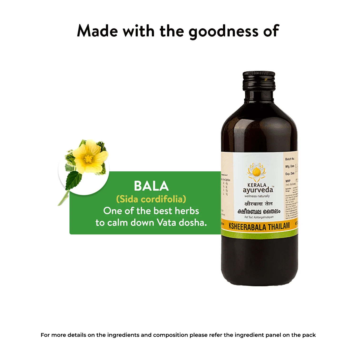 Banner titled "Made with the goodness of" Ksheerabala Thailam, showcasing the key ingredient Bala (Sida cordifolia) and its benefit in calming Vata dosha. – Kerala Ayurveda India