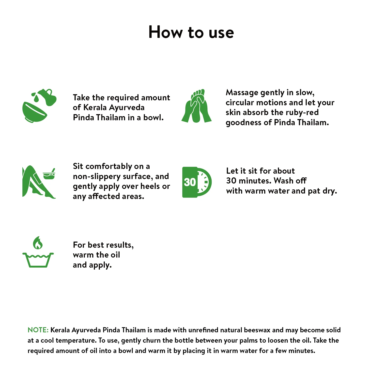 Step-by-step “How to Use” graphic for Kerala Ayurveda Pinda Thailam showing measured pouring, gentle circular massage, 30-minute rest and warm rinse – Kerala Ayurveda India