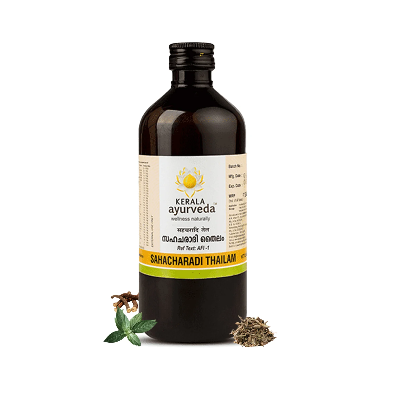 Hero product shot of Kerala Ayurveda Sahacharadi Thailam bottle flanked by sahachara leaves and herbal roots, positioning it as a potent Ayurvedic neuromuscular massage oil – Kerala Ayurveda India