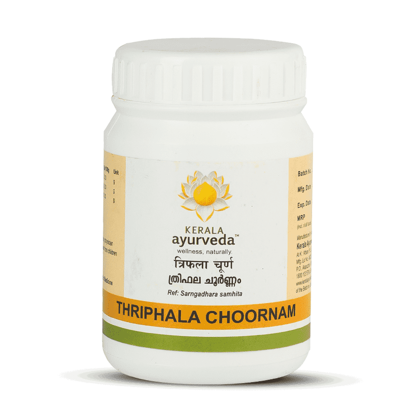 Front view of a white plastic jar of Kerala Ayurveda Triphala Choornam with a white lid. The label features the product name in English and regional script, along with the Kerala Ayurveda logo and "Ref: Sarngadhara Samhita". – Kerala Ayurveda India
