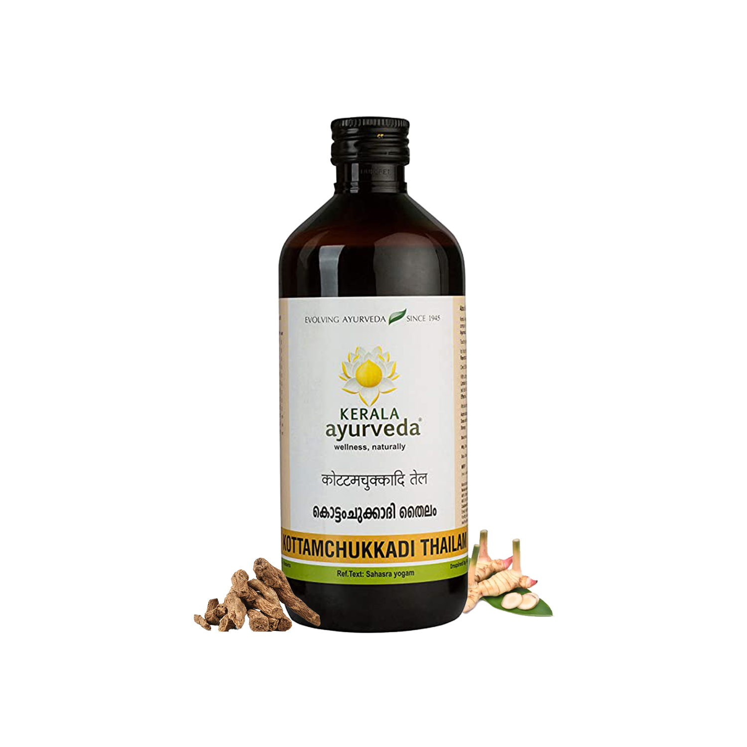Bottle-only hero shot: Dark amber glass bottle of Kottamchukkadi Thailam standing upright, flanked by sliced ginger rhizomes and costus roots, conveying its traditional Ayurvedic herb base – Kerala Ayurveda India