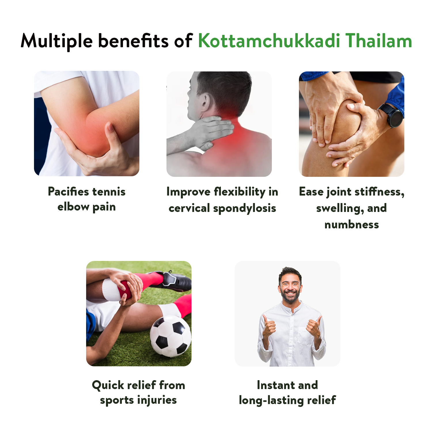 Benefit grid: Five thumbnail photos (elbow pain, cervical tension, knee stiffness, sports injury, smiling man) around the bottle, illustrating the oil’s role as a joint flexibility oil that offers quick and long-lasting relief – Kerala Ayurveda India