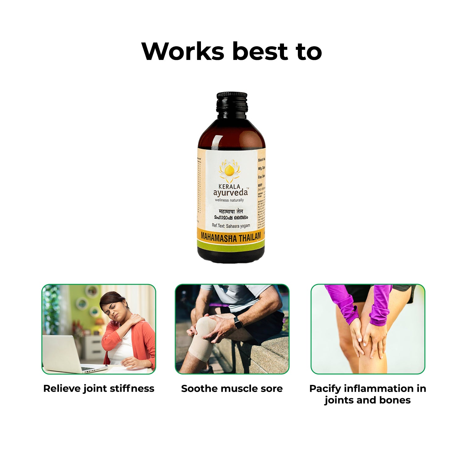 Banner titled "Works best to" relieve joint stiffness, soothe muscle soreness, and pacify inflammation in joints and bones, featuring the Mahamasha Thailam bottle and images of people experiencing these issues. – Kerala Ayurveda India