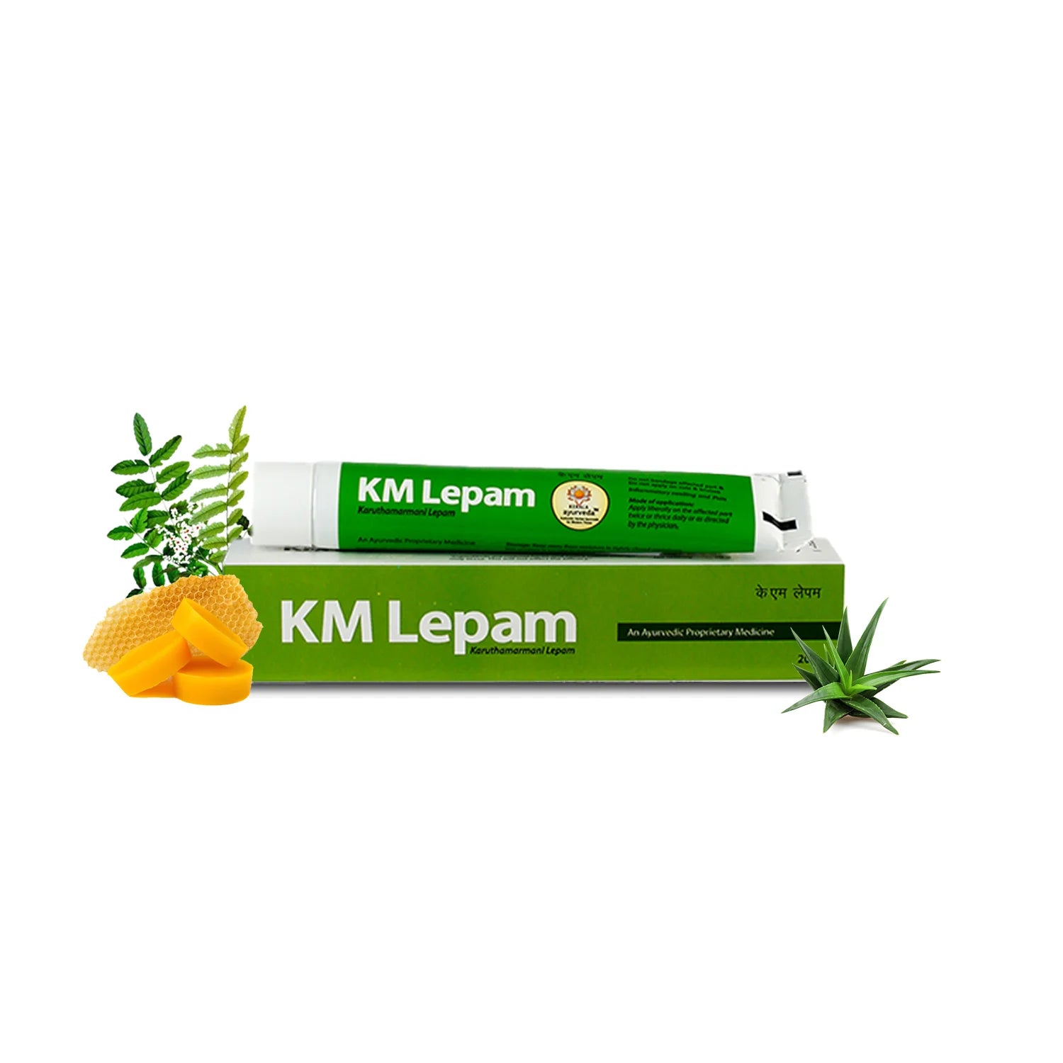 KM Lepam herbal cream tube with aloe vera, beeswax, and herbs in the frame – Kerala Ayurveda India