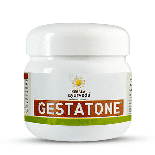 Front view of a white plastic jar of Kerala Ayurveda Gestatone Lehyam with a white lid. The label prominently displays "GESTATONE®" and the Kerala Ayurveda logo. – Kerala Ayurveda India