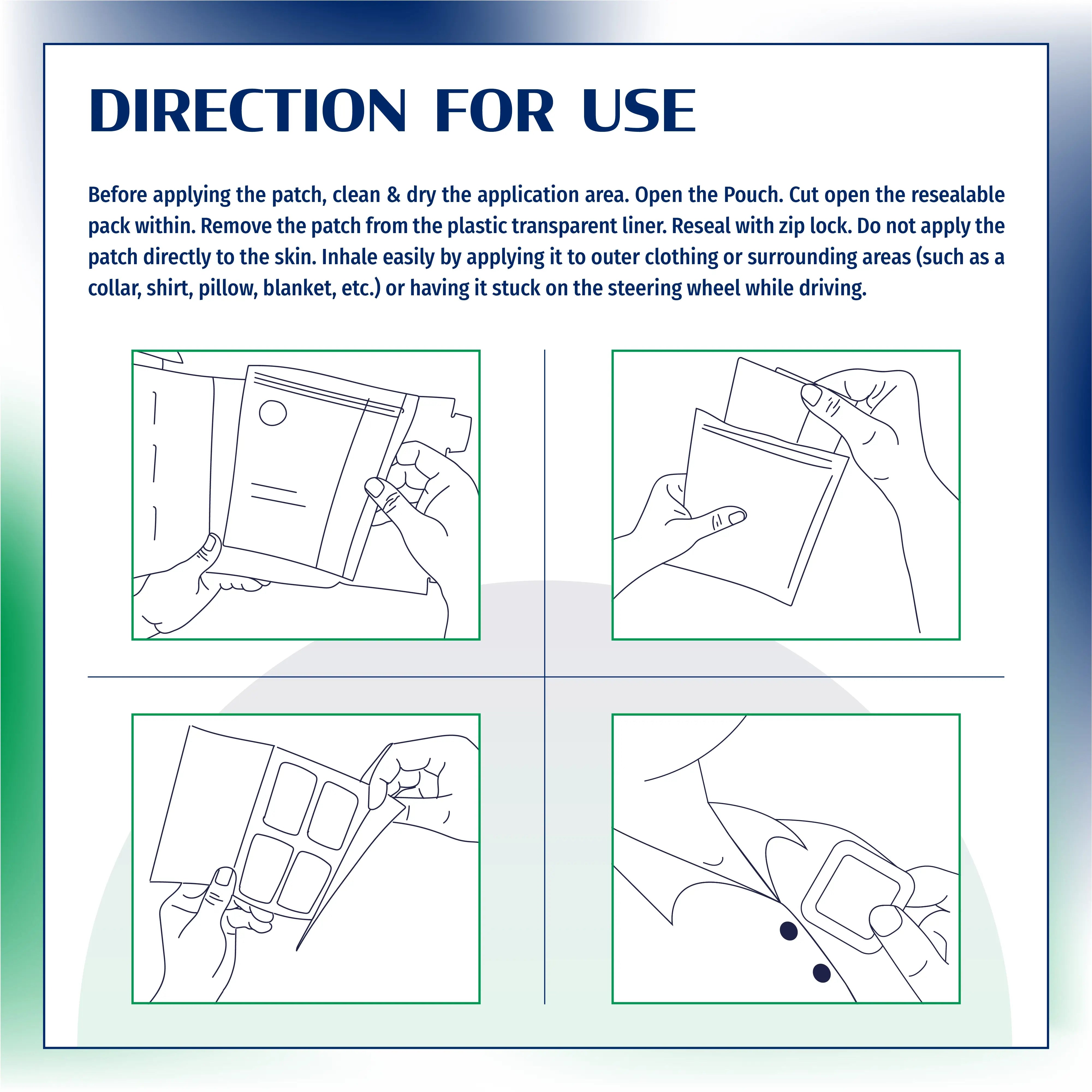A graphic detailing "DIRECTION FOR USE" for Breathe Easy Vapour Patch in four steps, illustrating how to open the pouch, remove the patch, and apply it to outer clothing for inhalation, with warnings. – Kerala Ayurveda India