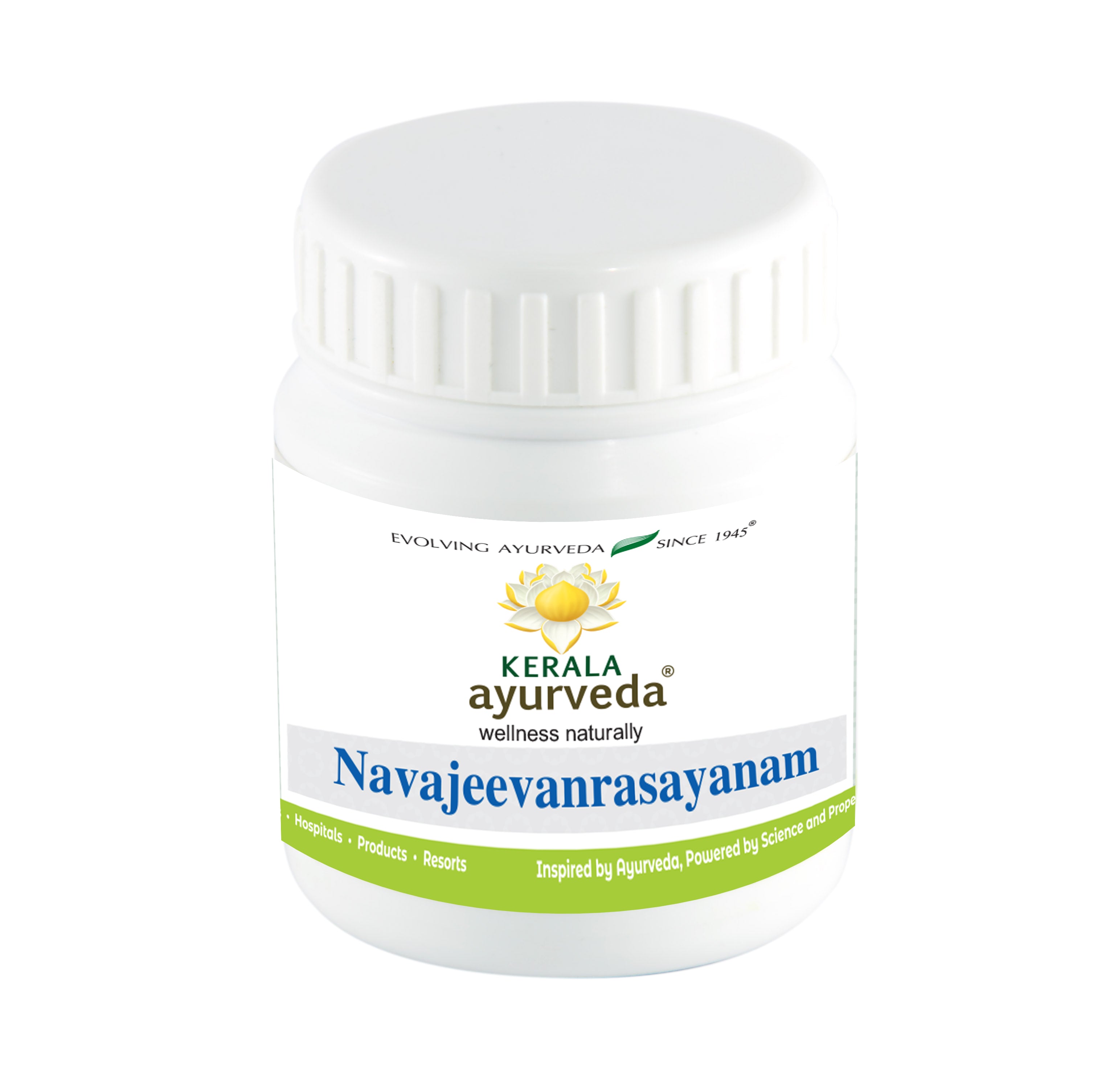 Front view of a white plastic jar of Kerala Ayurveda Navajeevan Rasayanam with a white lid, featuring the brand logo and product name in blue and green. The label also mentions "Evolving Ayurveda Since 1945" and "Inspired by Ayurveda, Powered by Science and Prosperity." – Kerala Ayurveda India
