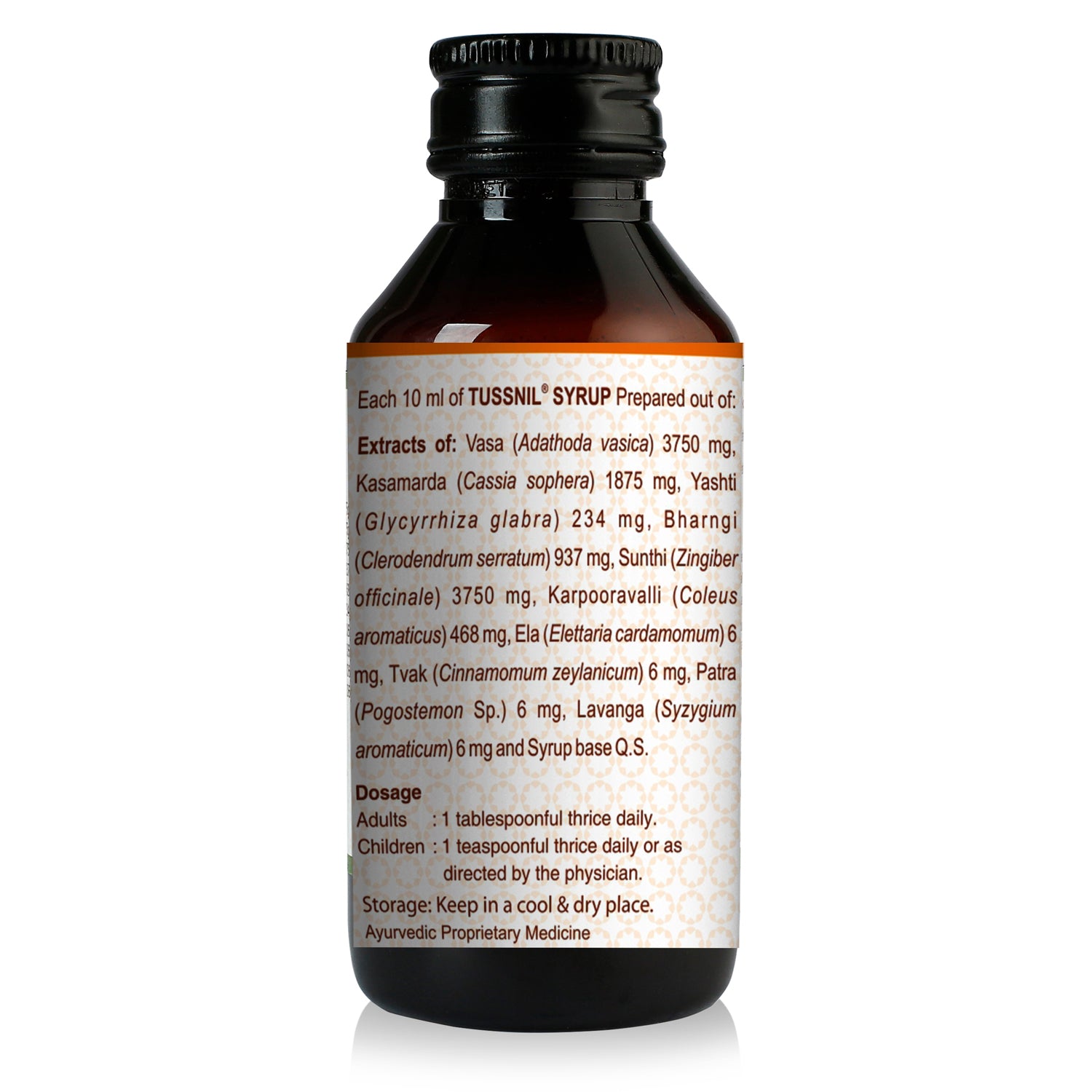Ingredient panel of Tussnil Syrup detailing Vasa, Yashti-madhu and other botanical extracts in the Ayurvedic cough formulation – Kerala Ayurveda India