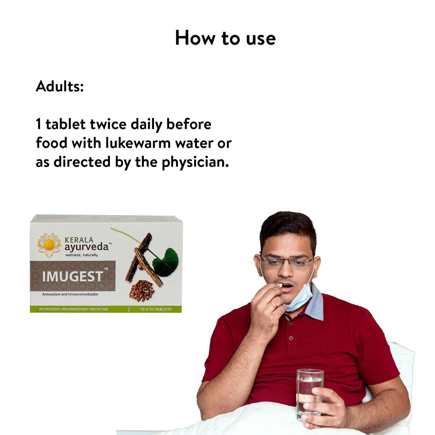 Usage guide visual with headline “How to use”; sick man taking an Imugest tablet with water beside product pack and dosage note for adults – Kerala Ayurveda India