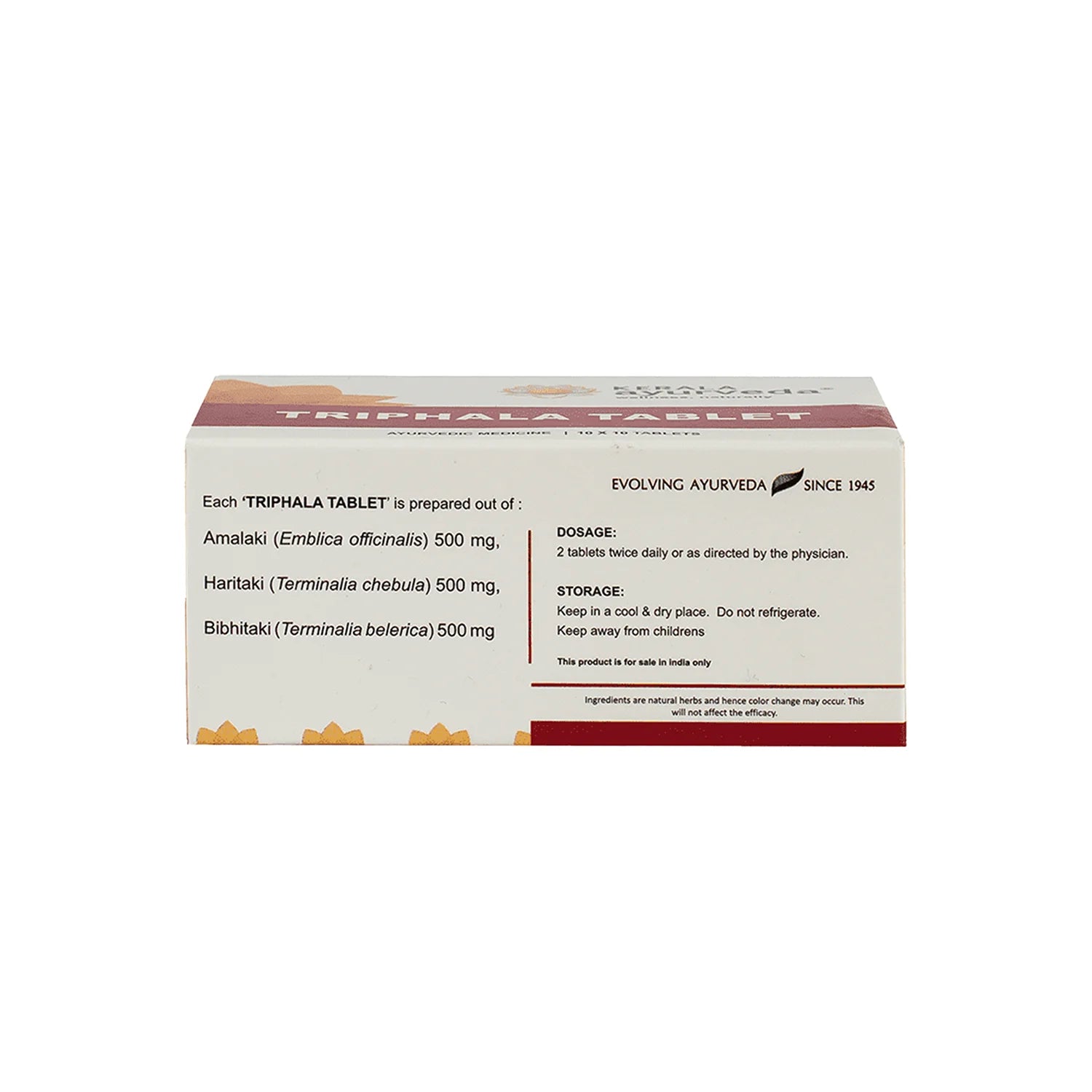 Back-of-box label detailing ingredients, dosage and storage of Kerala Ayurveda Triphala Tablet – Kerala Ayurveda India