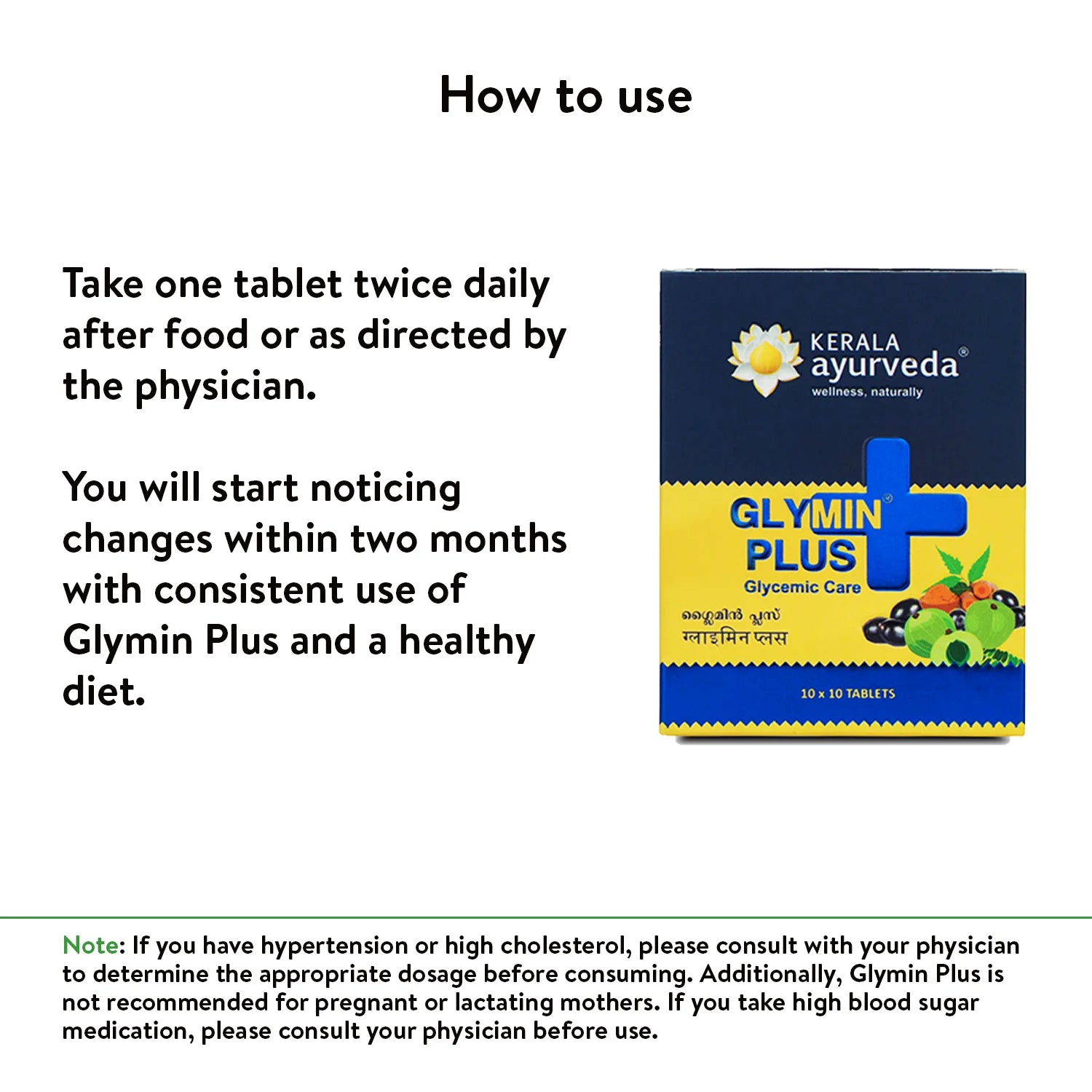 Banner image titled "How to use" Glymin Plus Tablets, providing dosage instructions and noting that changes will be seen with consistent use and a healthy diet. – Kerala Ayurveda India