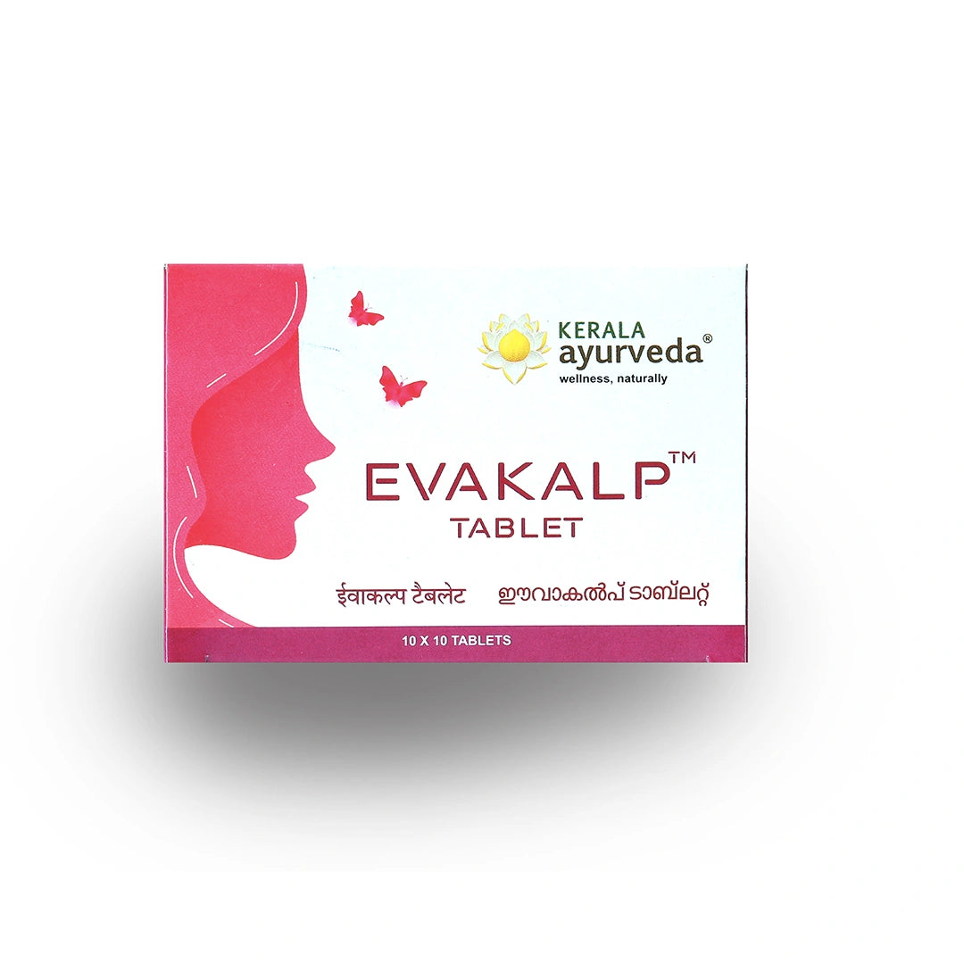 Front view of the Kerala Ayurveda Evakalp Tablet box, featuring a female silhouette, butterflies, and the product name "EVAKALP™ TABLET" in bold pink. It states "10 x 10 TABLETS". – Kerala Ayurveda India