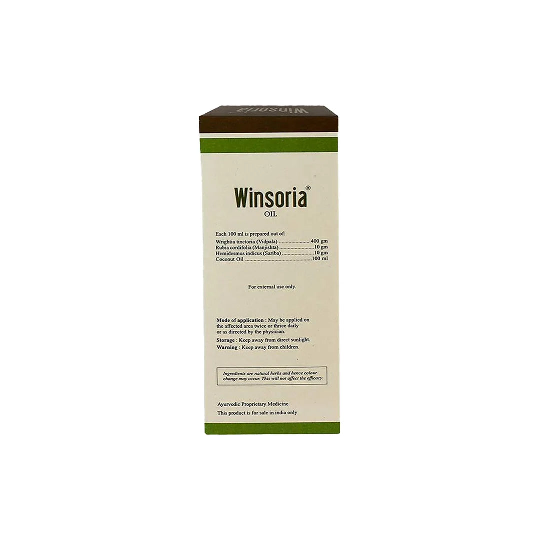 Side panel of Winsoria Oil carton showing complete ingredient list, usage instructions, storage and safety warnings – Kerala Ayurveda India
