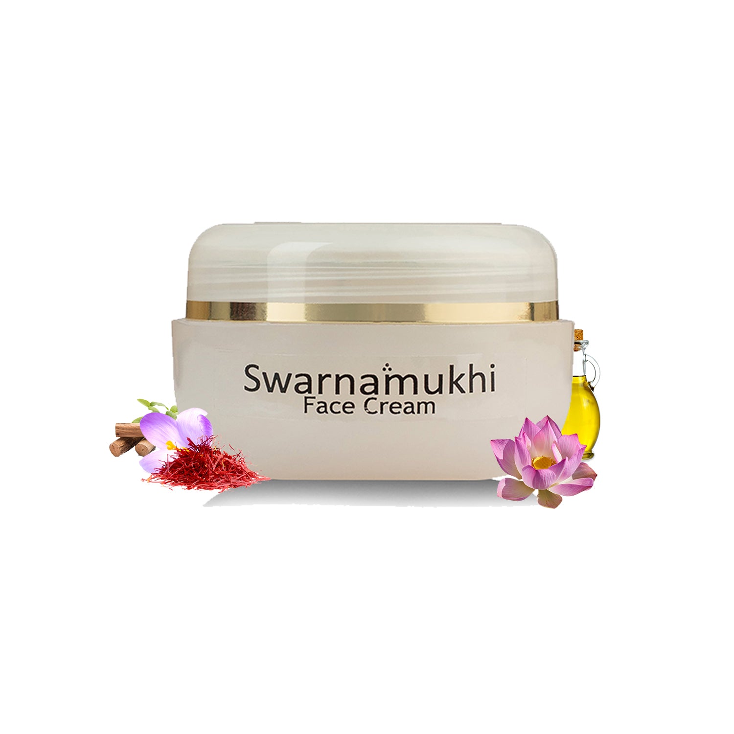 Swarnamukhi Face Cream jar with gold-trimmed lid; surrounded by lotus flower, saffron strands, cinnamon bark and herbal oil vial.