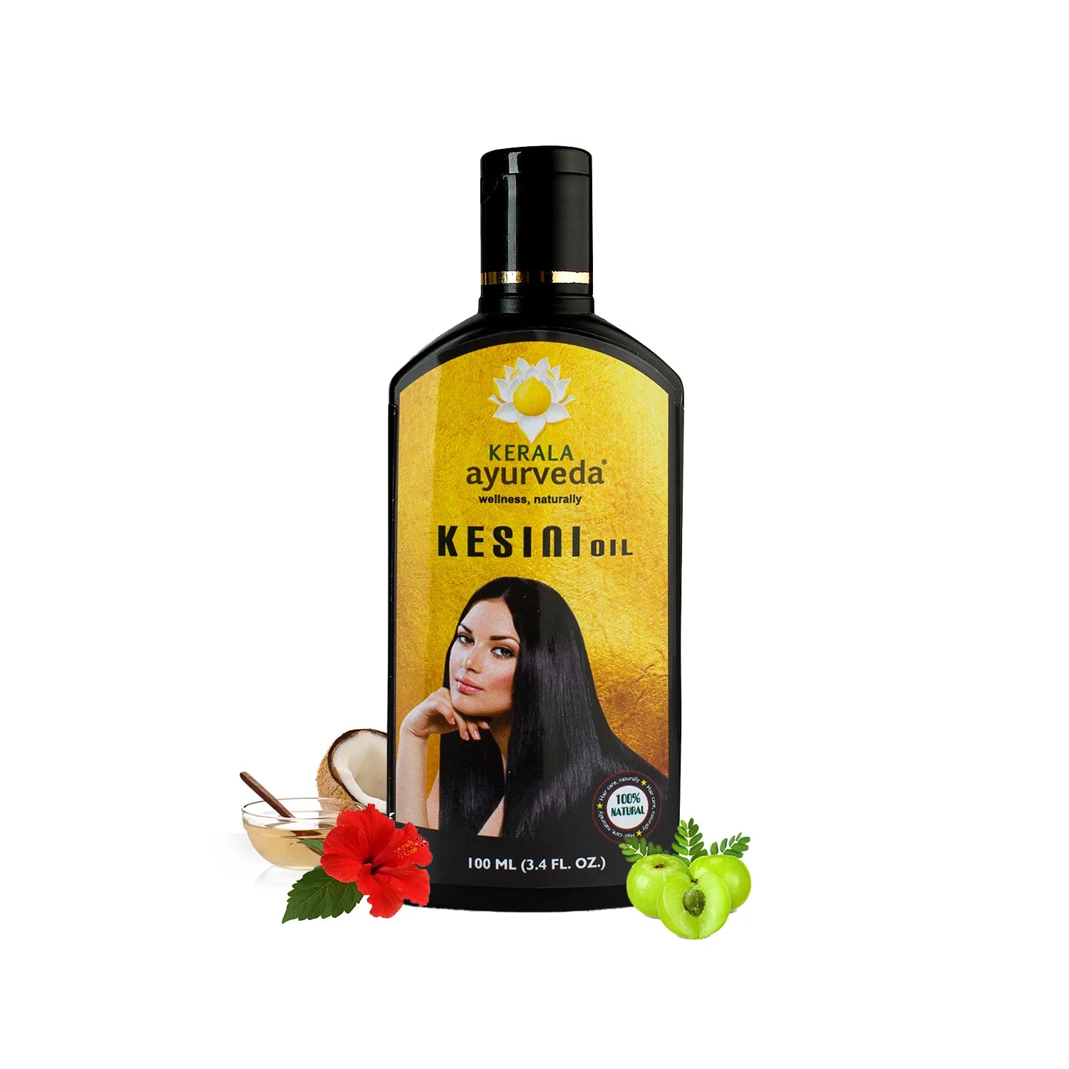 Front view of Kerala Ayurveda Kesini Hair Oil bottle with hibiscus flower, coconut oil and amla fruits, promoted as an ayurvedic hair growth oil and hair fall control oil – Kerala Ayurveda India