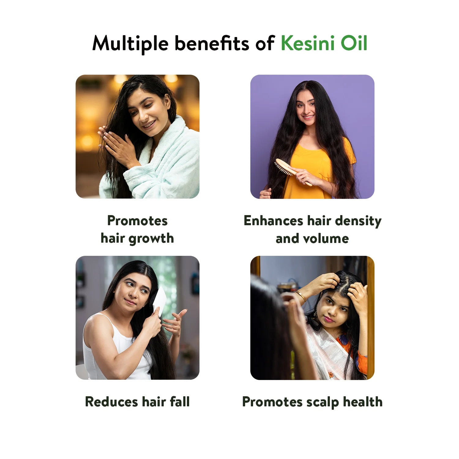 Grid of women applying Kesini Oil, illustrating multiple benefits such as promoting hair growth, boosting hair density and controlling hair fall – Kerala Ayurveda India