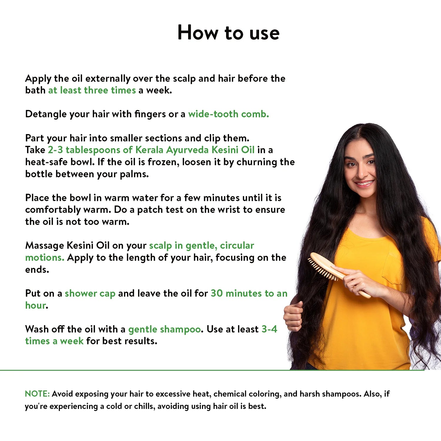How to use Kesini Hair Oil poster explaining warm-oil massage and rinse routine for better scalp health and reduced hair fall – Kerala Ayurveda India