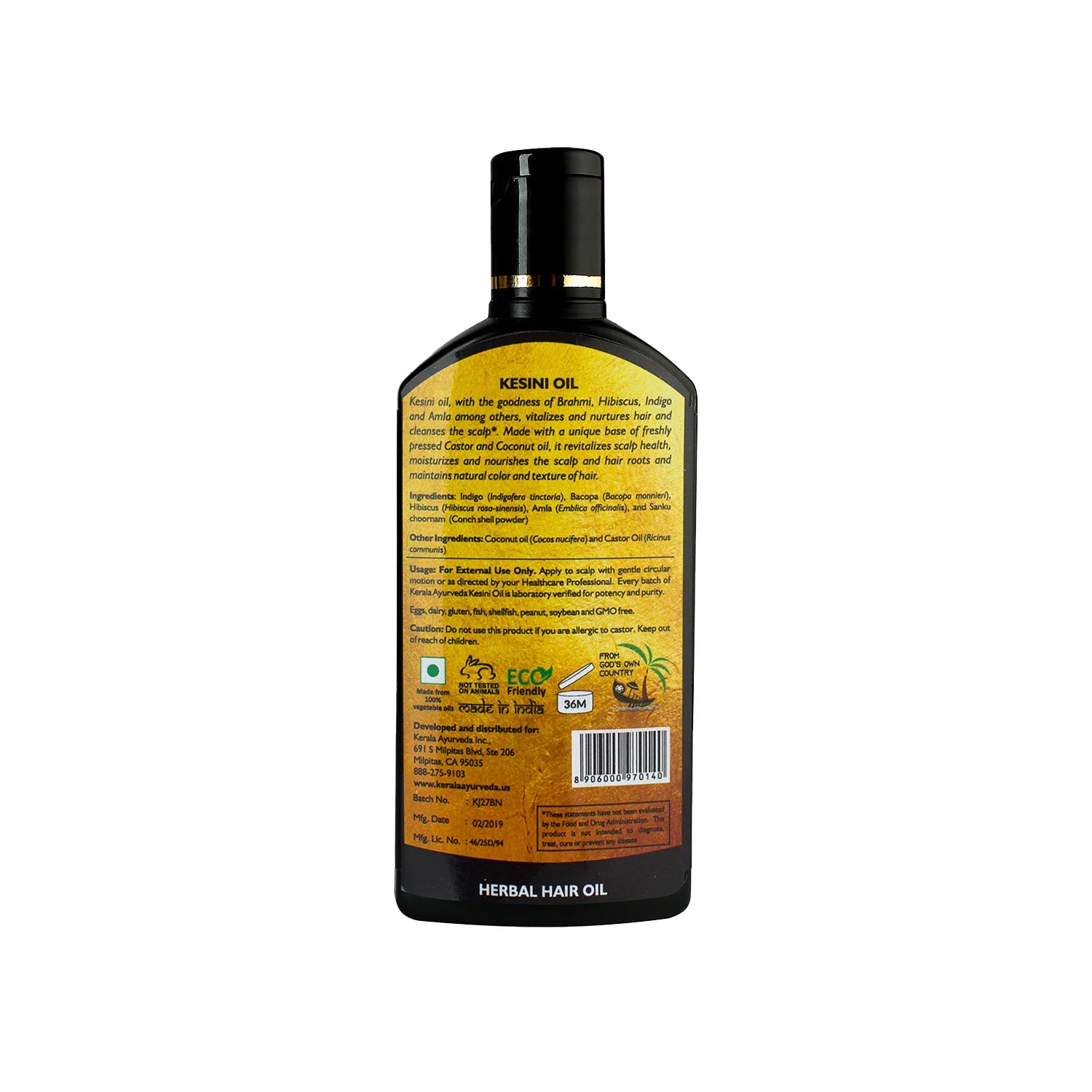 Back-label of Kesini Oil showing ingredients, usage directions, barcode and batch details for this anti-dandruff herbal oil – Kerala Ayurveda India