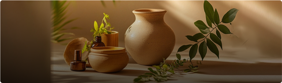 Ceramic pots and essential oil bottles arranged with green leaves on a tabletop.