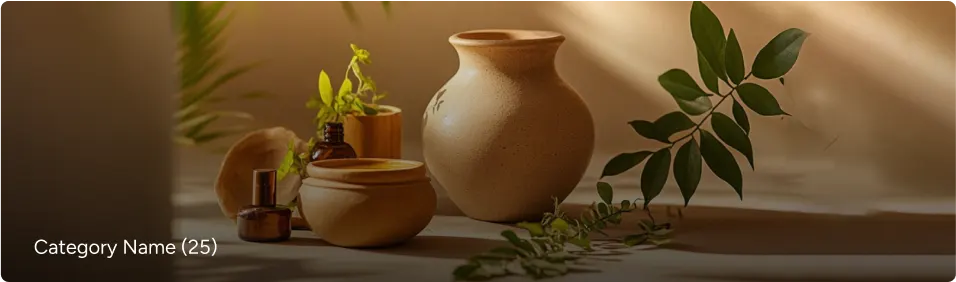 Decorative clay pots and bottles with greenery arranged on a light background.