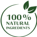 100% natural ingredients with leaves graphic inside a circular emblem.