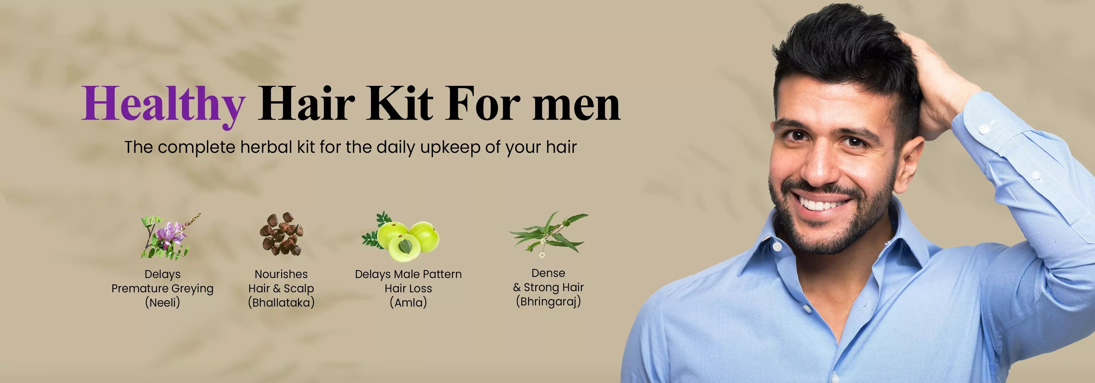 A man smiling next to a hair care kit promoting hair health and benefits for men.