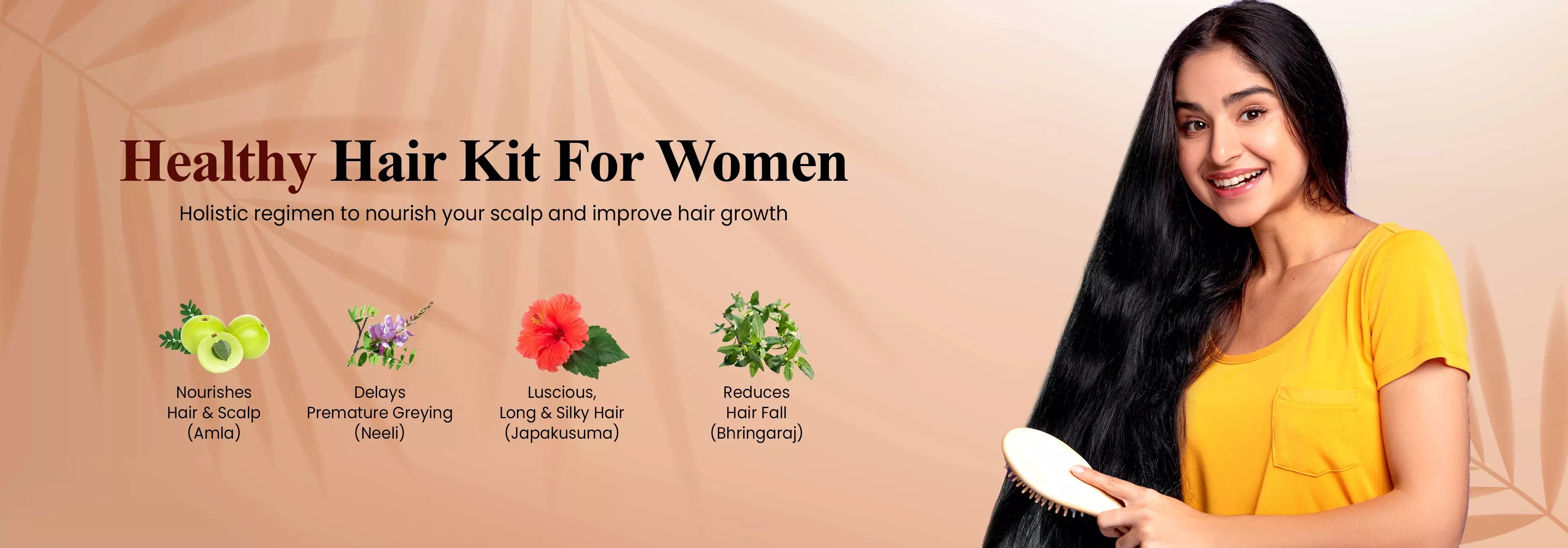 A woman smiling while holding a hairbrush, with text about a healthy hair kit for women and herbal ingredients.