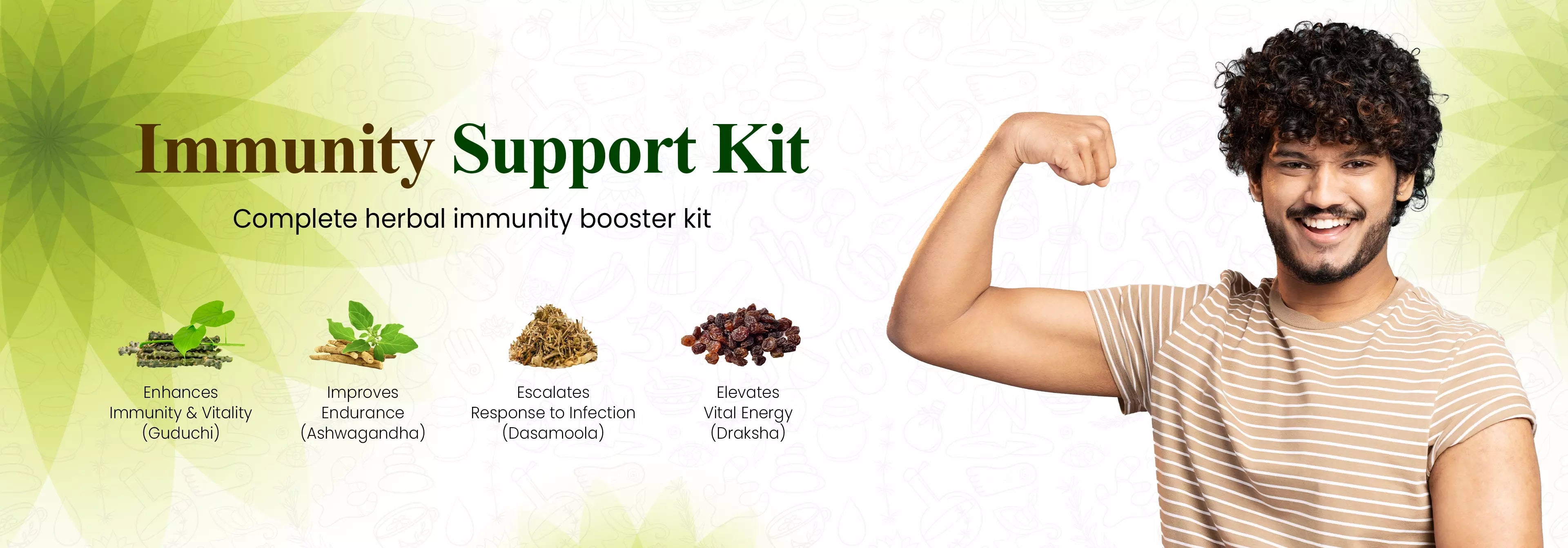 A young man flexes his arm next to an immunity support kit showcasing herbal ingredients and benefits.