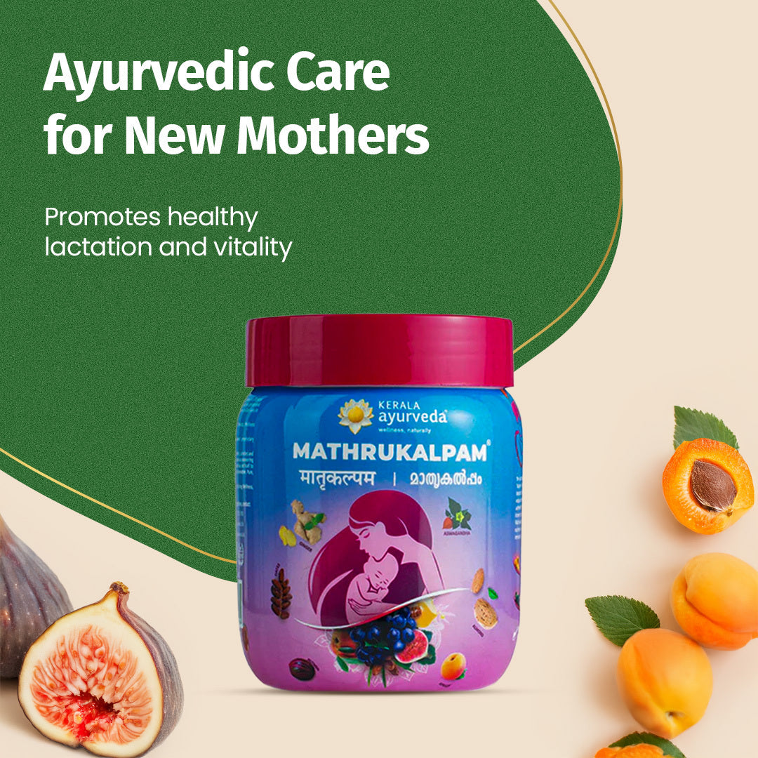 Front view of a blue jar of Kerala Ayurveda Mathrukalpam with a pink lid, featuring an illustration of a mother holding a baby surrounded by fruits. The text promotes "Ayurvedic Care for New Mothers" and "Promotes healthy lactation and vitality." It is surrounded by figs and apricots. – Kerala Ayurveda India