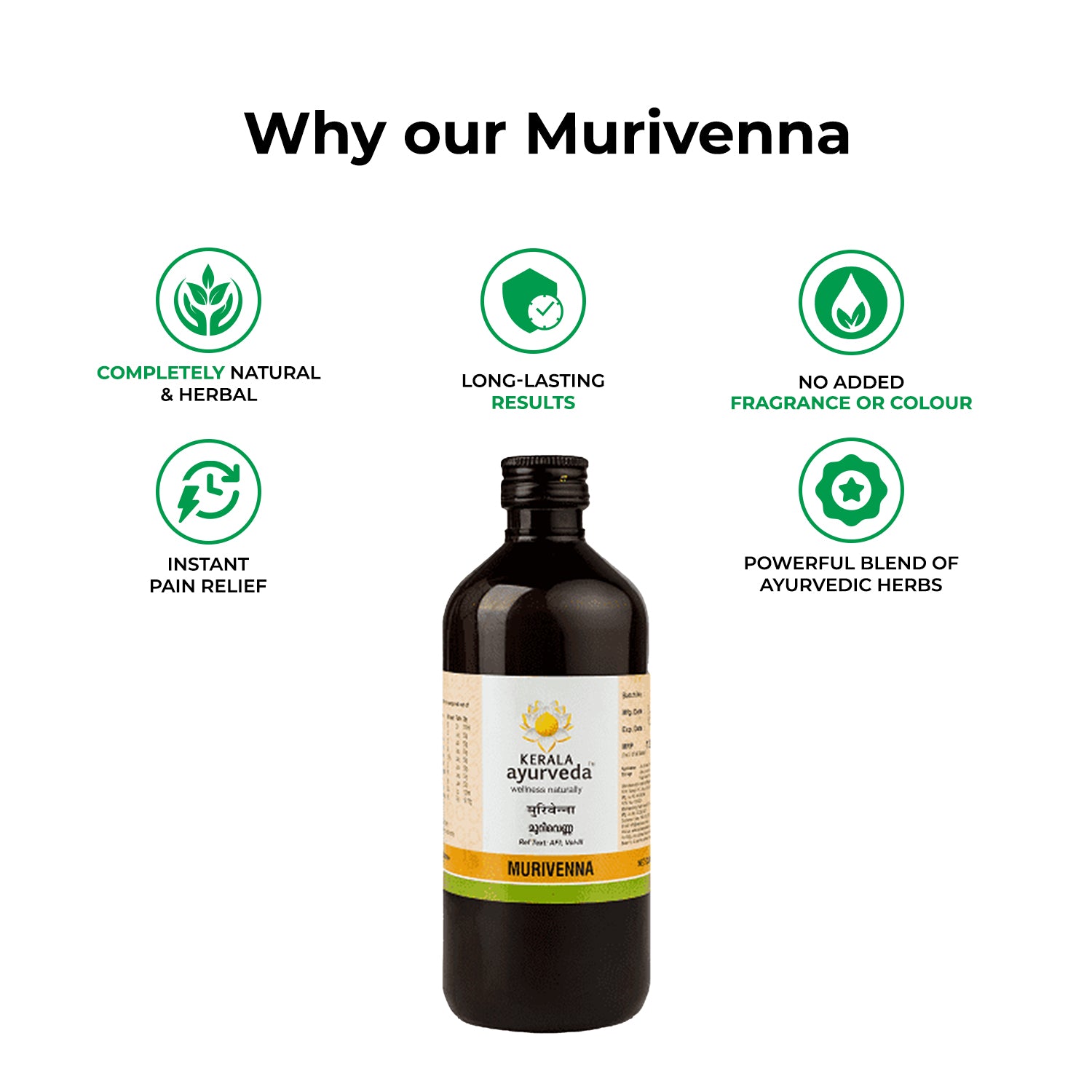 Banner titled "Why our Murivenna," illustrating reasons to choose Murivenna Thailam such as being completely natural, providing long-lasting results, having no added fragrance or color, offering instant pain relief, and being a powerful blend of Ayurvedic herbs. – Kerala Ayurveda India