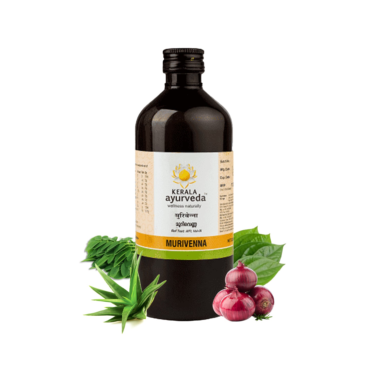 Front view of a 450ml bottle of Kerala Ayurveda Murivenna Thailam next to its brown product box, featuring the product name as "Murivenna Oil" and illustrations of ingredients. – Kerala Ayurveda India