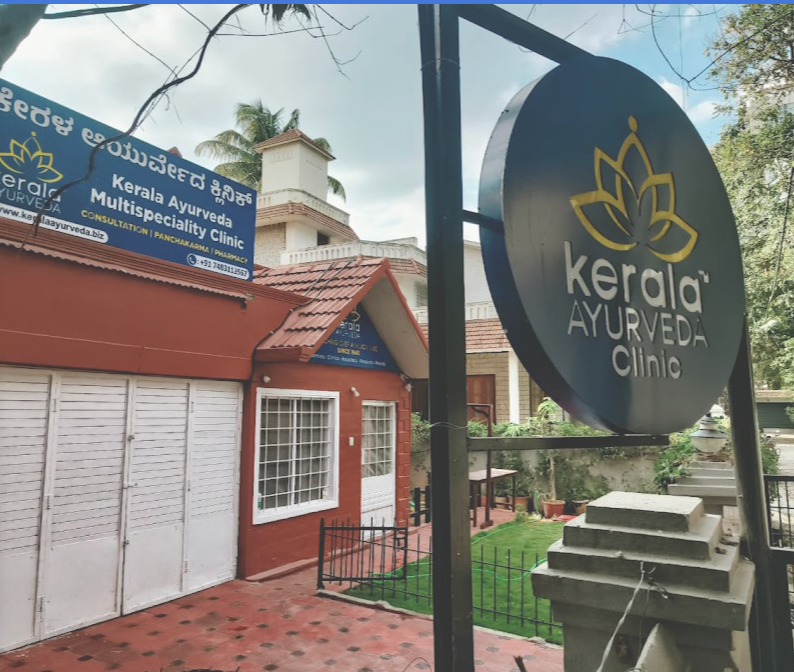 Kerala Ayurveda Clinic sign outside a multi-specialty clinic building in a residential area.