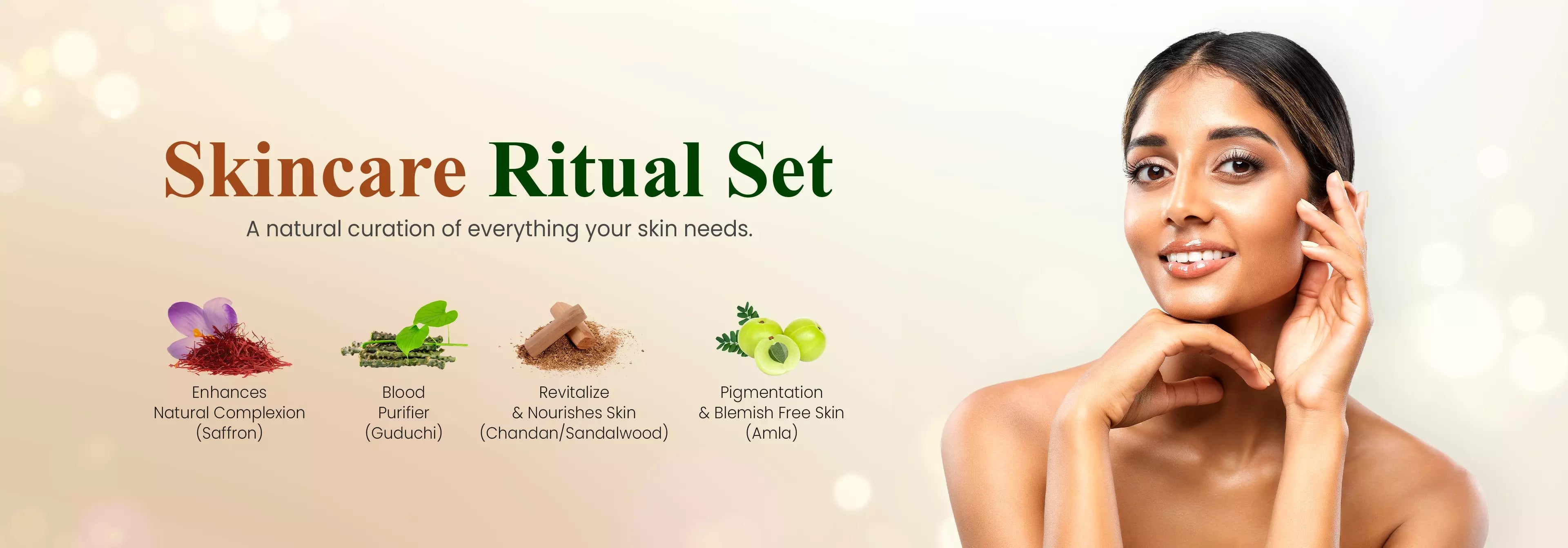 Model showcasing skincare products with text highlighting benefits like complexion enhancement and pigmentation.