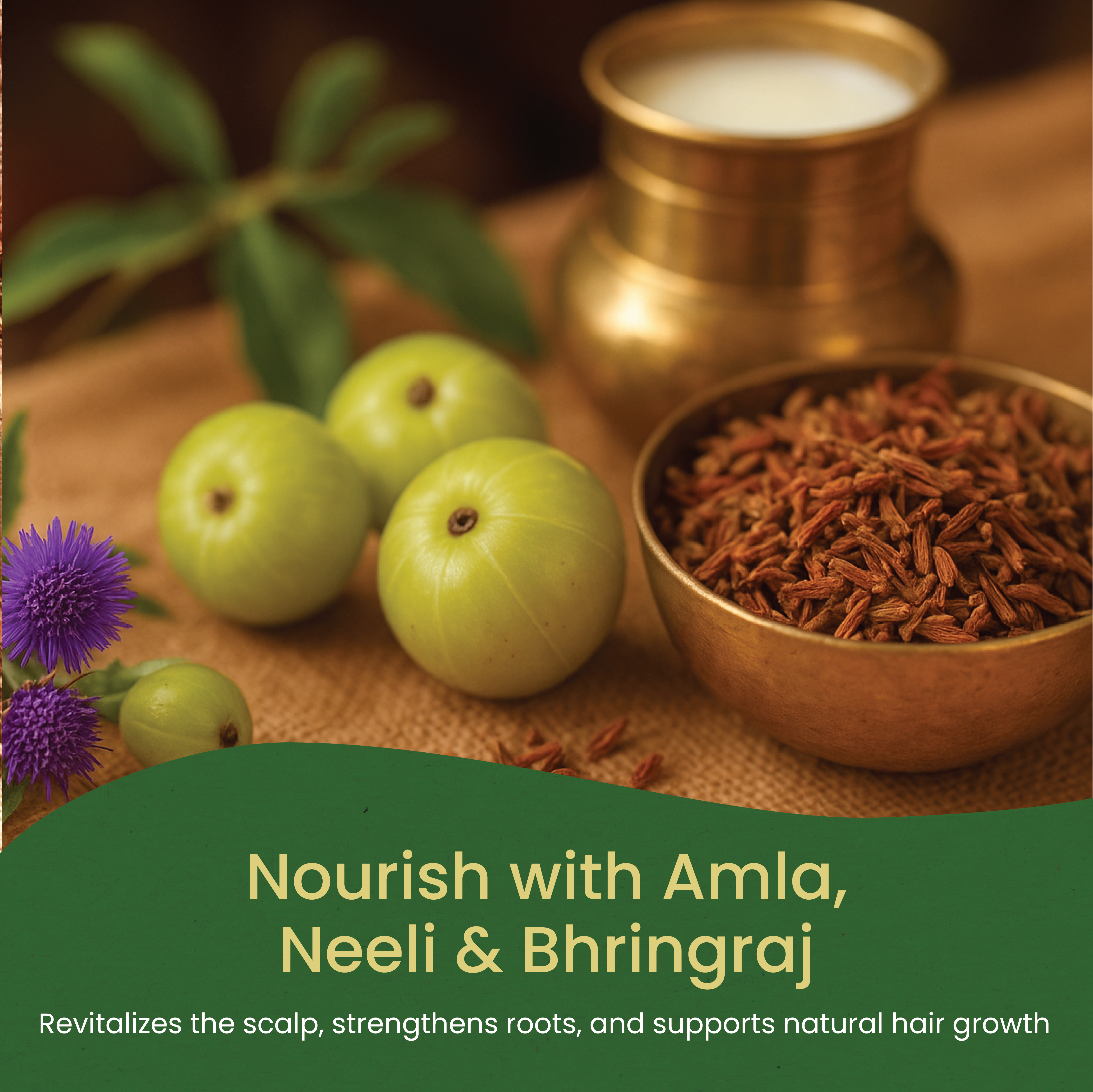 Neelibringadi Keram hair oil ingredients display with fresh amla fruit, neeli flower and dried bhringraj herb in brass vessels, showcasing Ayurvedic nourishment for scalp and hair growth – Kerala Ayurveda India