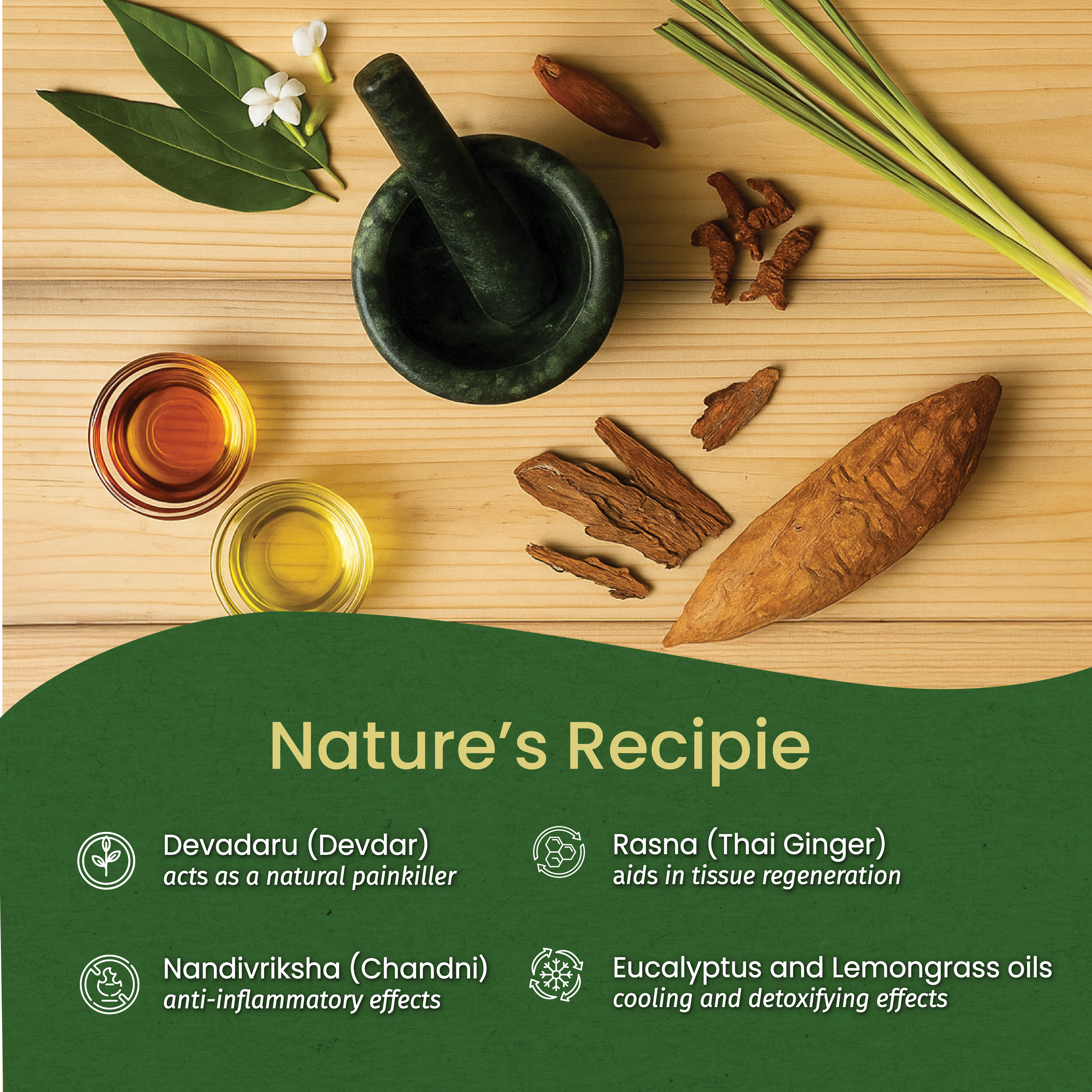 Top-view wooden board with mortar-and-pestle, Devadaru root, Rasna, oils and lemongrass; green footer lists each herb’s benefit under “Nature’s Recipe” – Kerala Ayurveda India