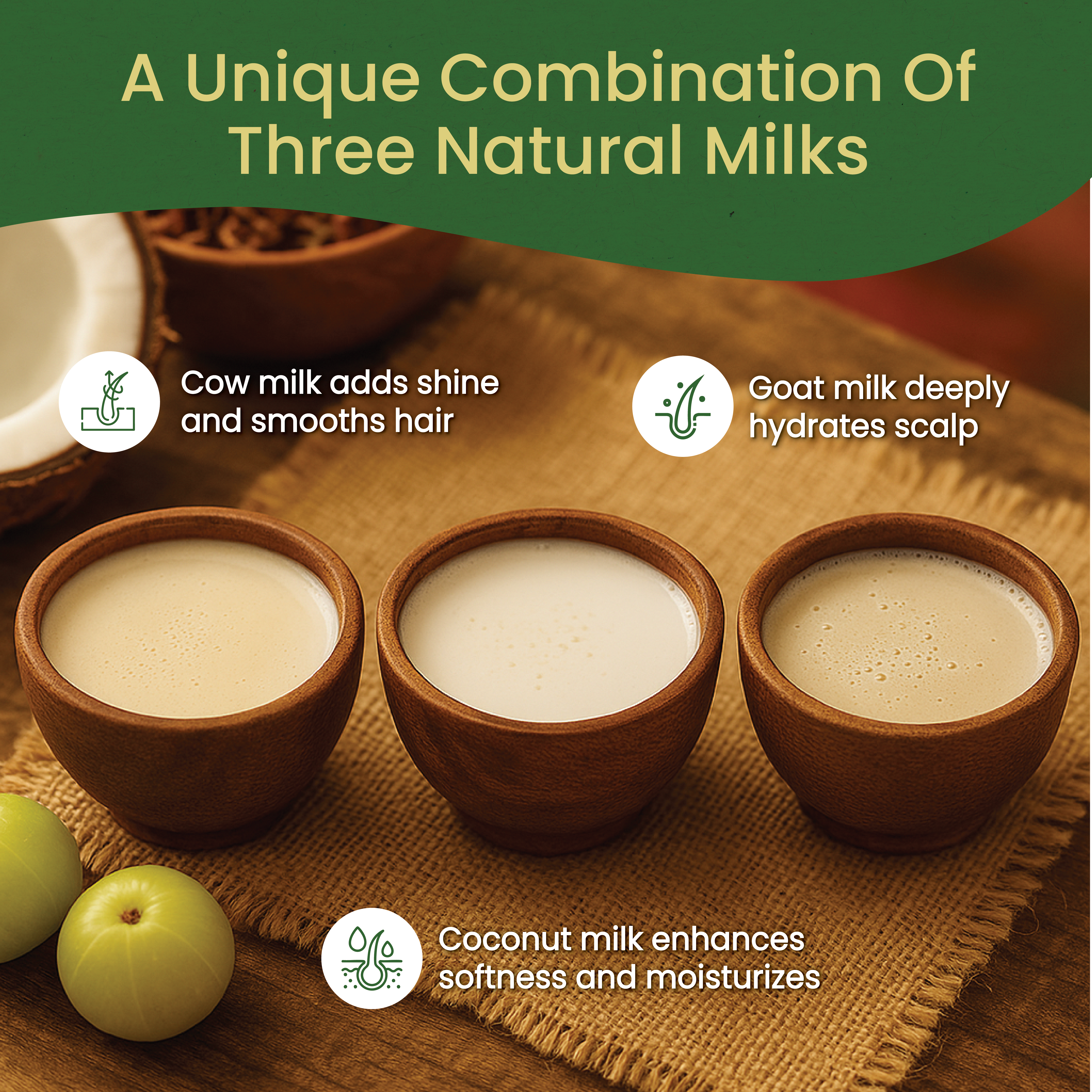 Wooden bowls of cow, goat and coconut milk illustrating Neelibringadi Keram’s unique tri-milk blend that adds shine, hydrates scalp and softens hair – Kerala Ayurveda India