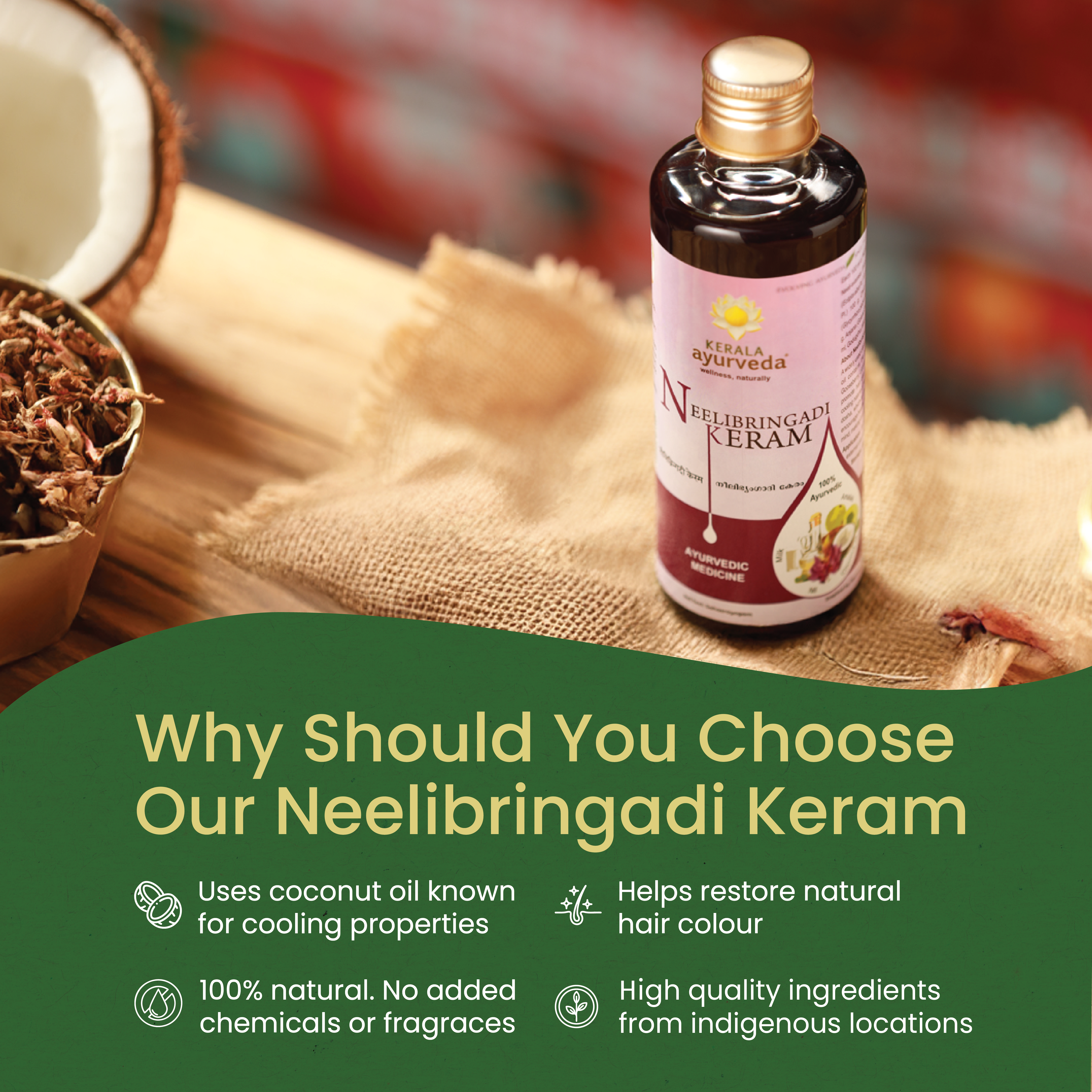 Neelibringadi Keram hair oil bottle on jute cloth with coconut and herbs, cooling coconut oil base that helps bring back natural hair colour – Kerala Ayurveda India
