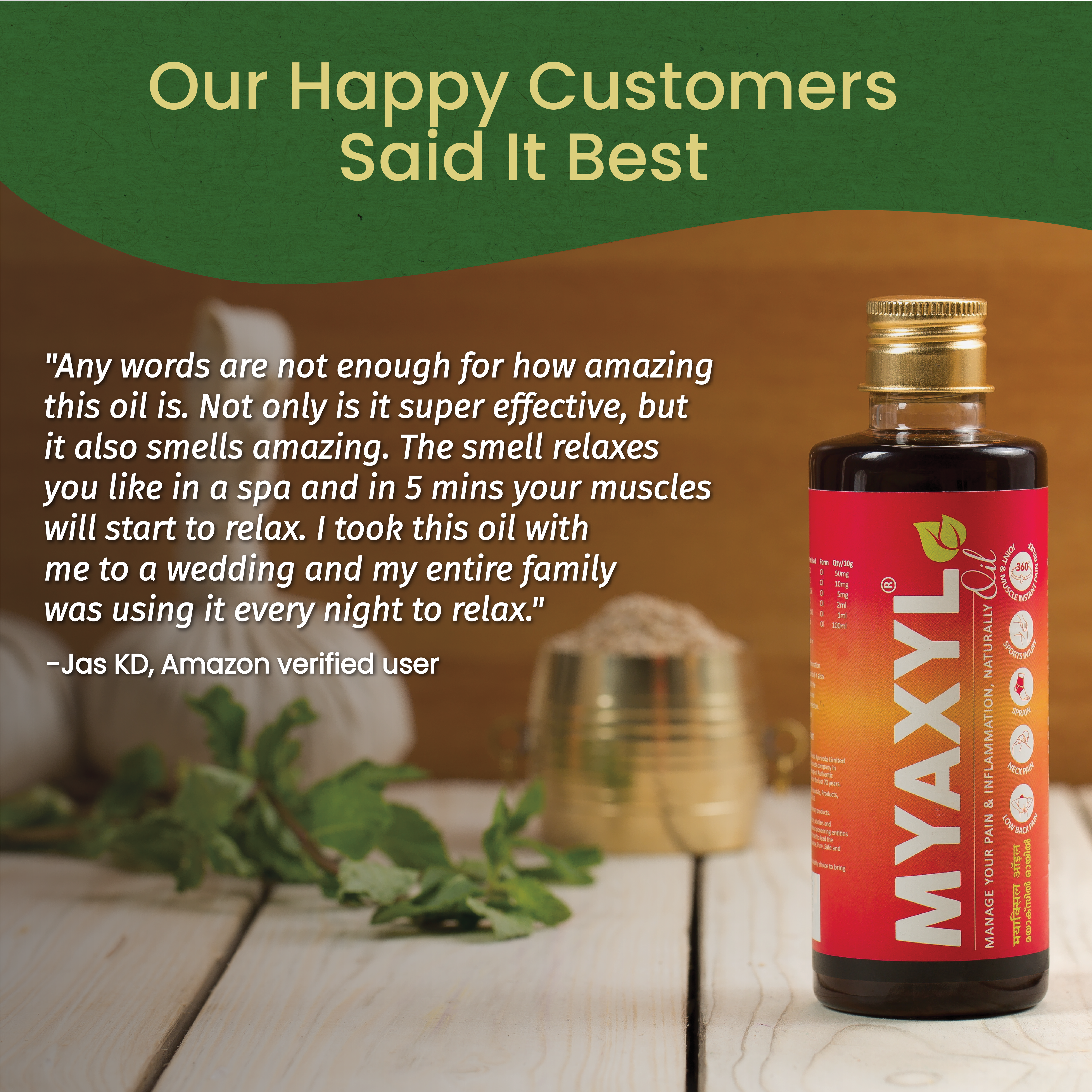“Our Happy Customers Said It Best” headline with a heartfelt review in white text on a warm wooden backdrop, Myaxyl Oil 200 ml bottle standing at right and fresh mint leaves blurred in foreground – Kerala Ayurveda India