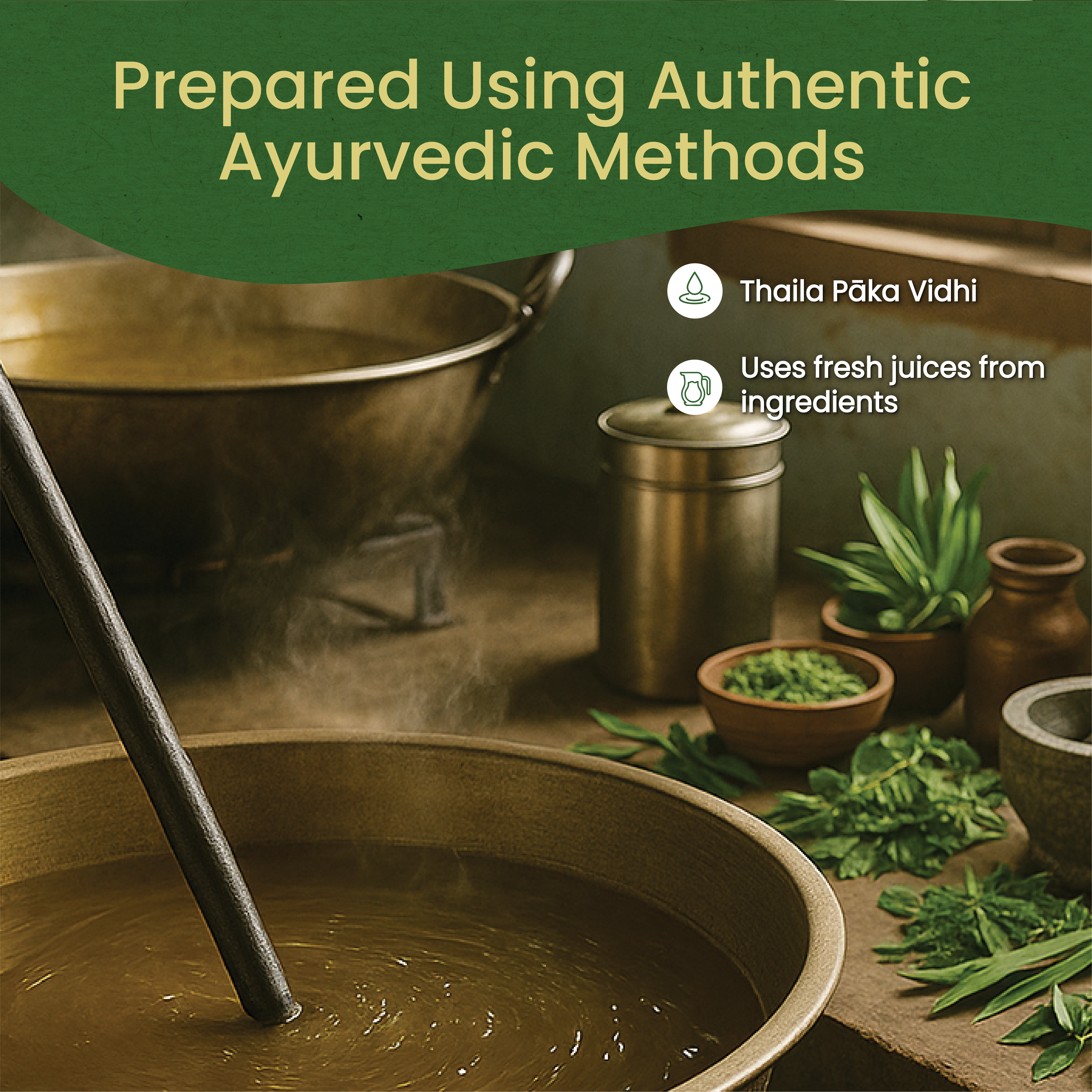 Rustic kitchen scene showing bubbling herbal decoction in bronze vessel, leafy ingredients and icons under heading “Prepared Using Authentic Ayurvedic Methods” – Kerala Ayurveda India