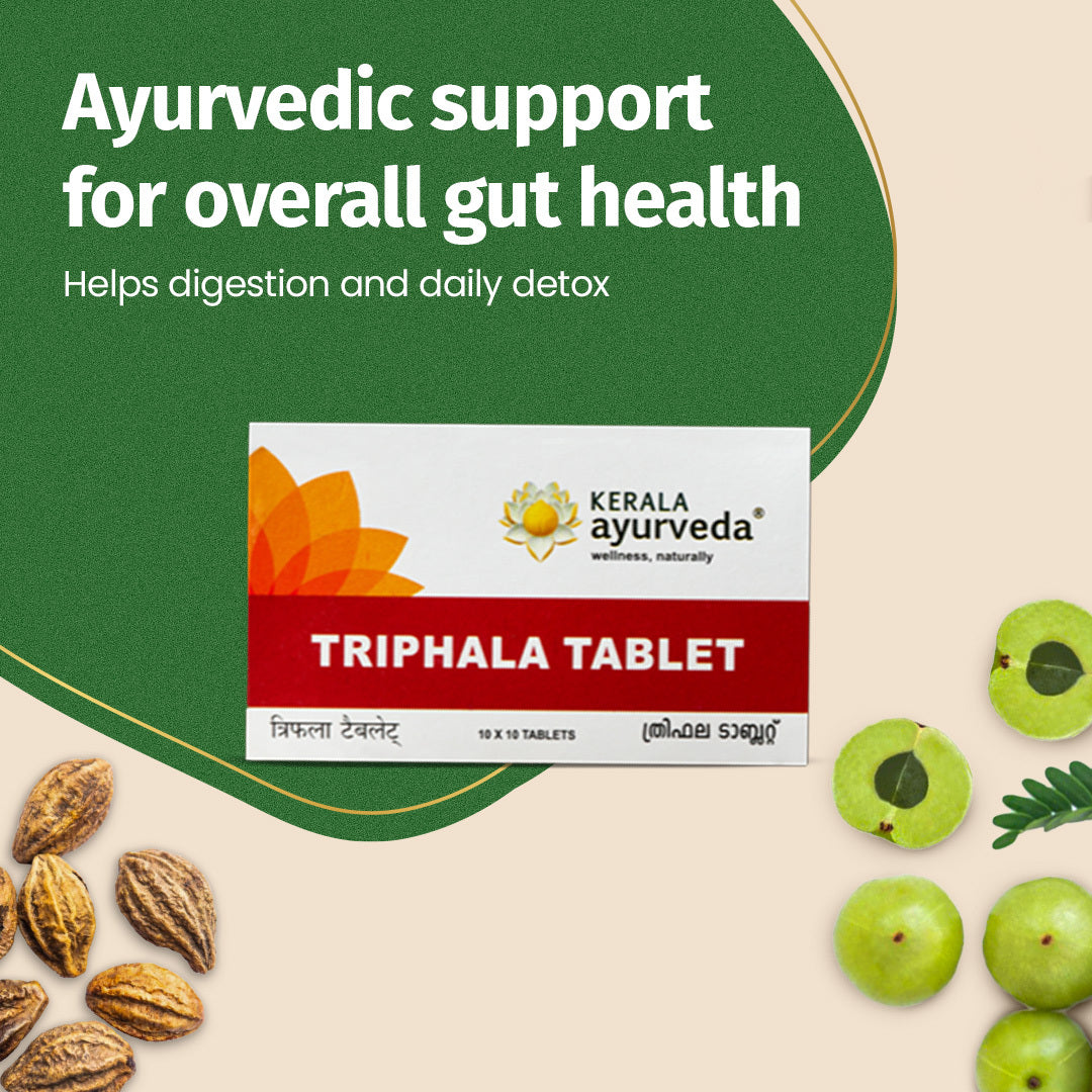 Lifestyle banner “Ayurvedic support for overall gut health” showcasing Kerala Ayurveda Triphala Tablet pack with fruits – Kerala Ayurveda India