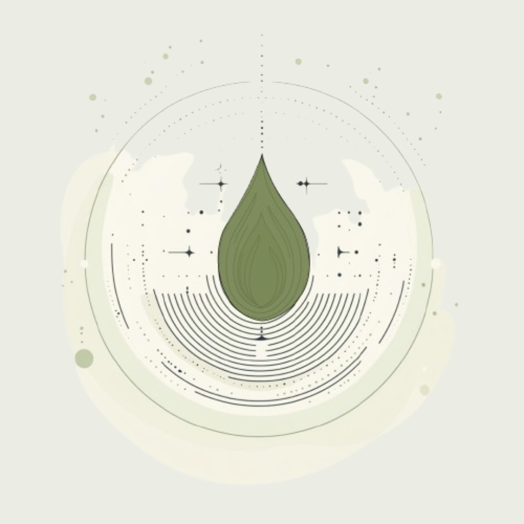 Drop-shaped design with concentric lines and abstract elements in soft green tones on a light background.
