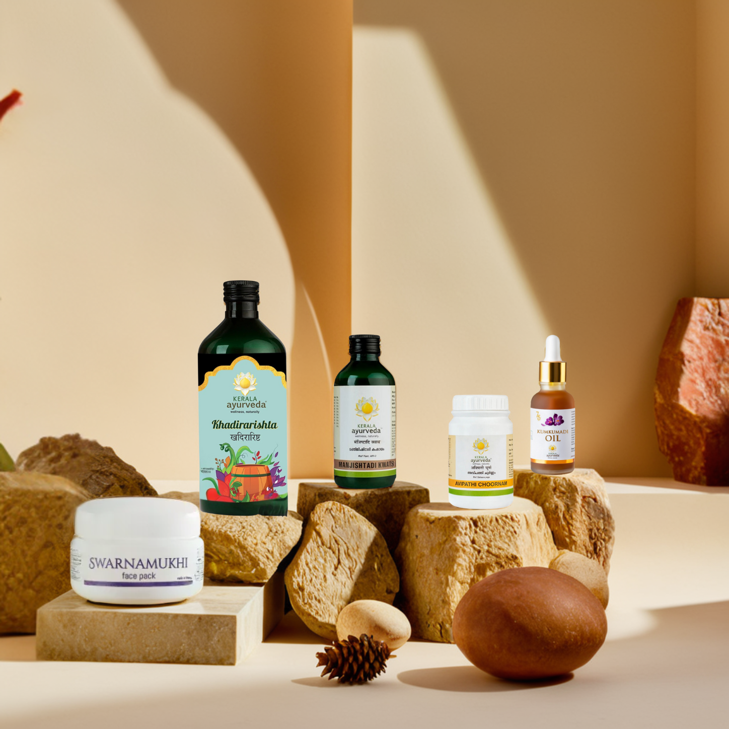 Assorted Ayurvedic skincare products arranged on a neutral background with natural elements.