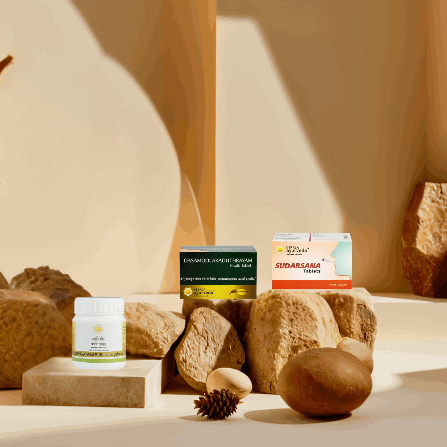 Three herbal remedy products displayed on a beige surface with natural stones and pinecones in a soft light setting.