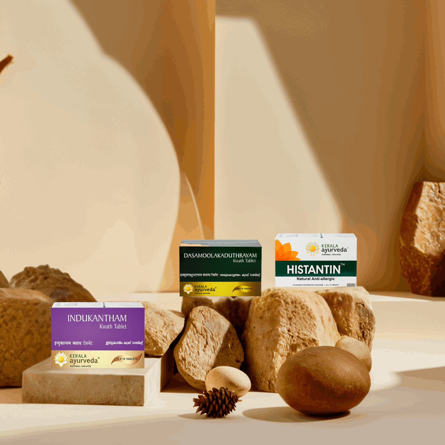 Three Ayurvedic product boxes displayed on a stone surface with natural elements in the background.