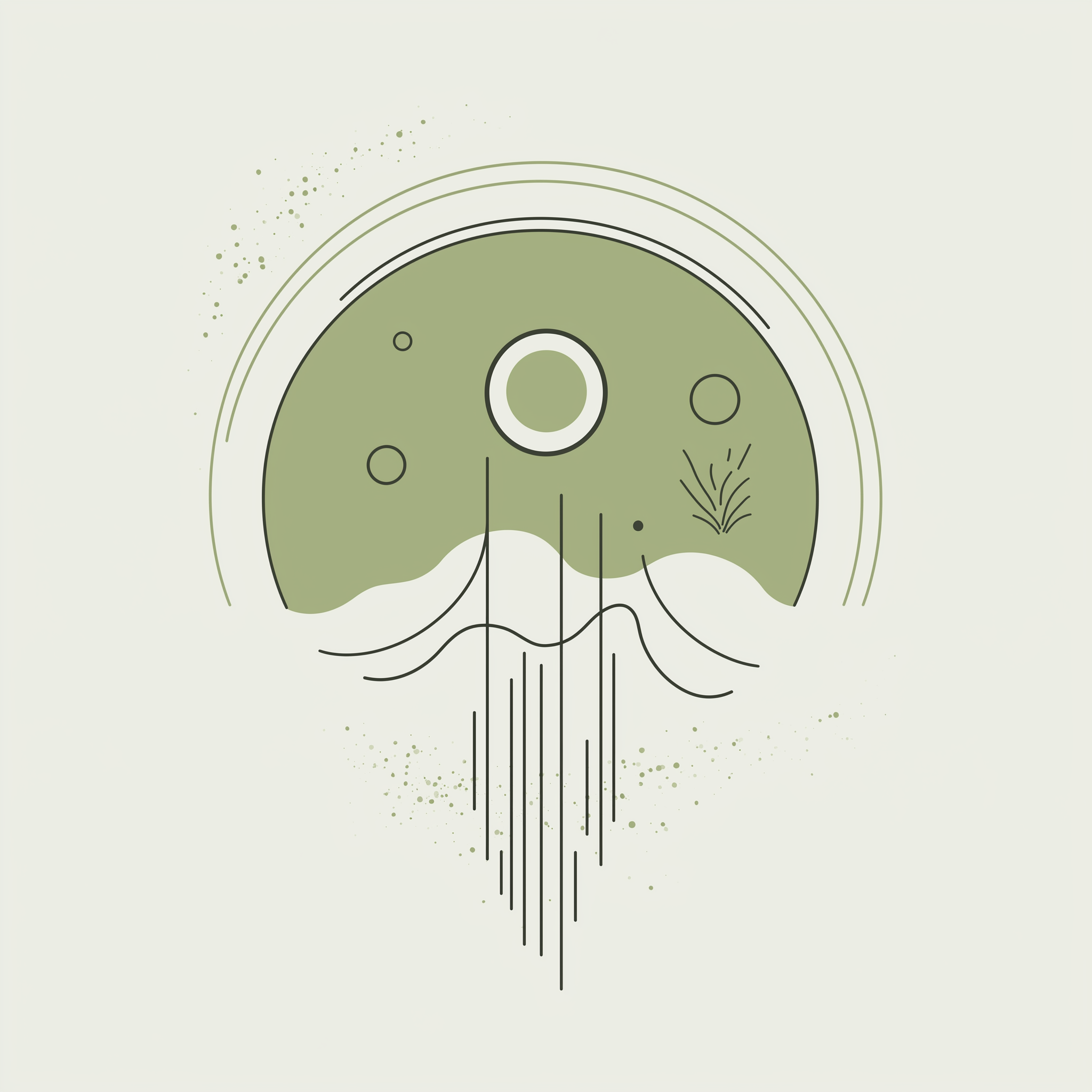 Abstract illustration of a green circle with wave-like lines and simple plant elements below it.