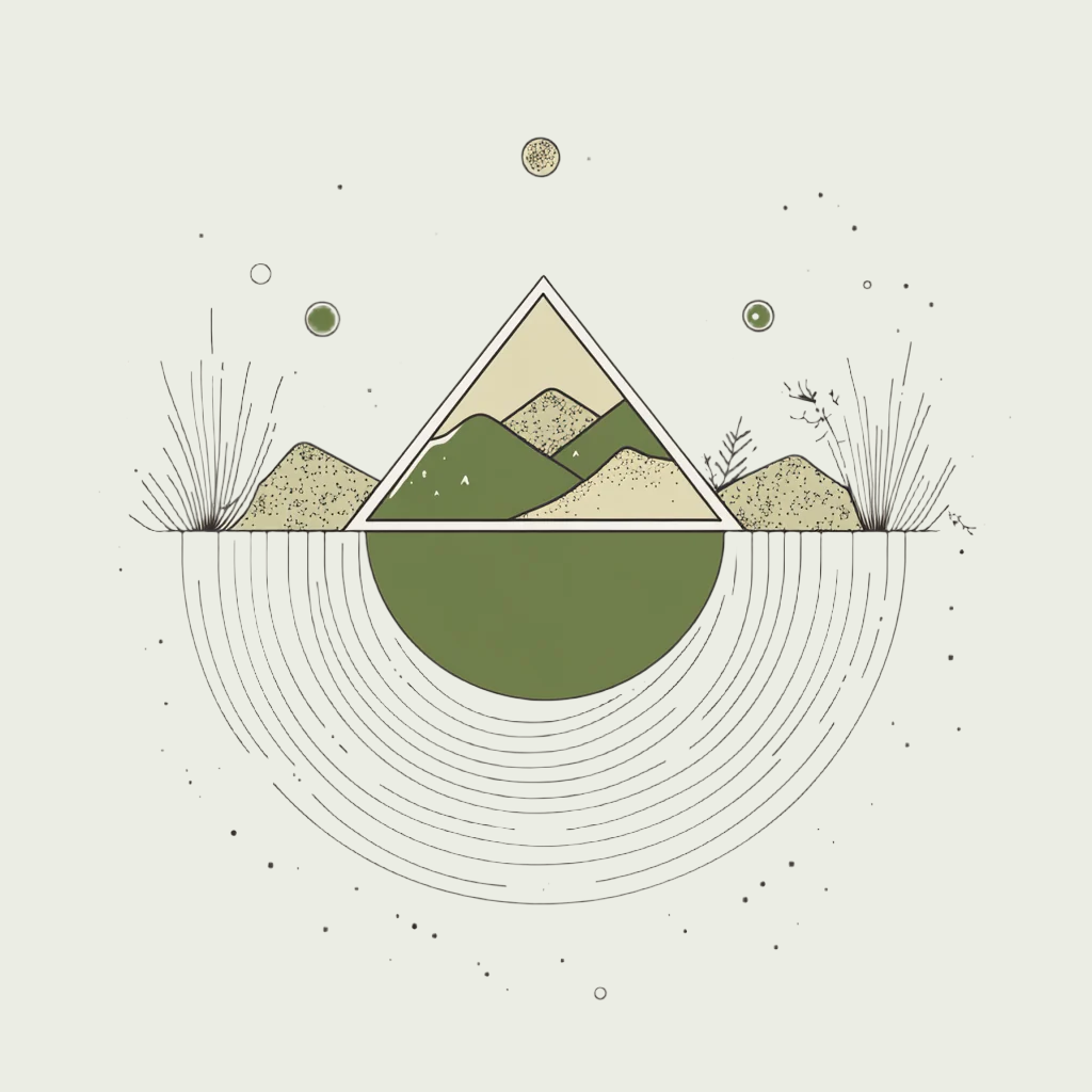Abstract design featuring a triangular mountain shape above a circular element, with plants and geometric patterns.